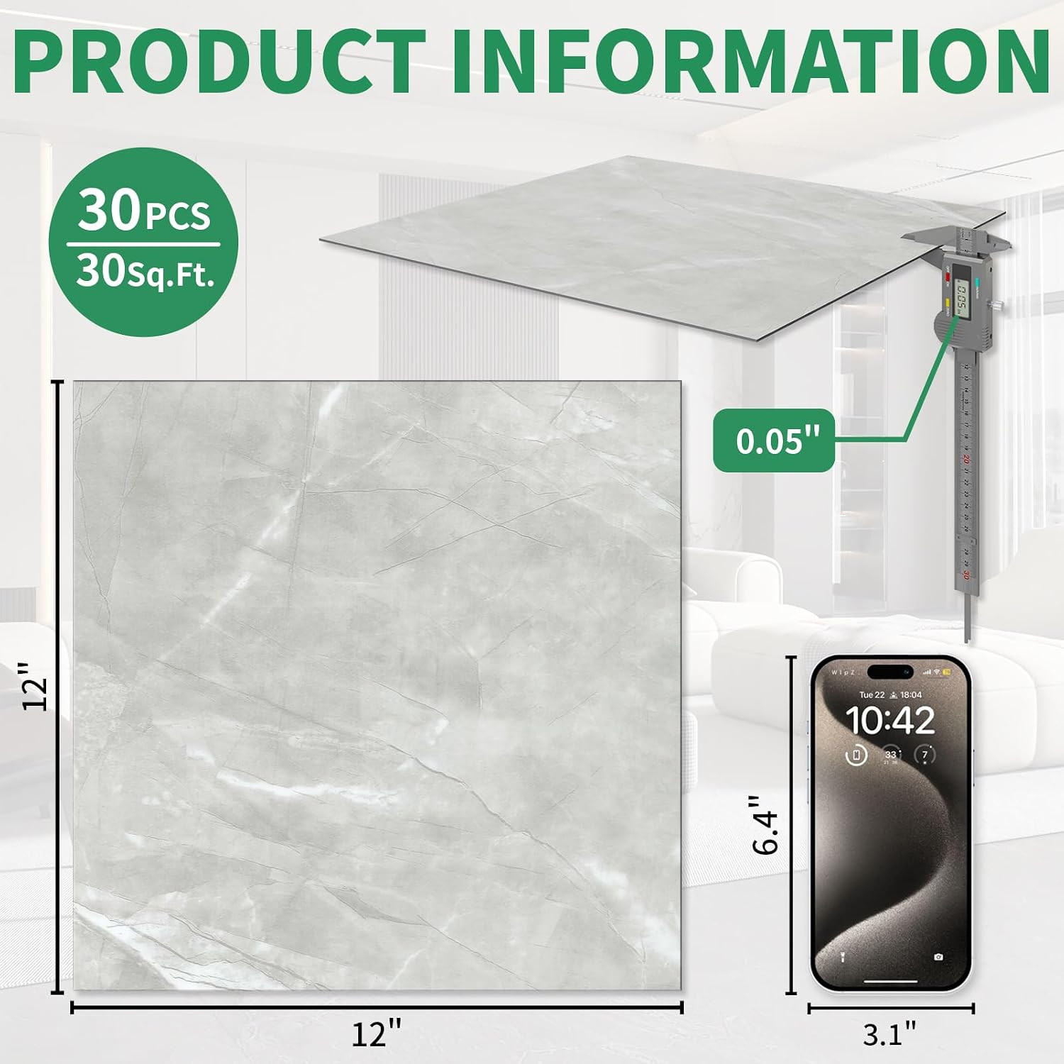 20 Pack Cover 20 Sq.Ft Peel and Stick Floor Tiles, 12” X 12” Self Adhesive Vinyl