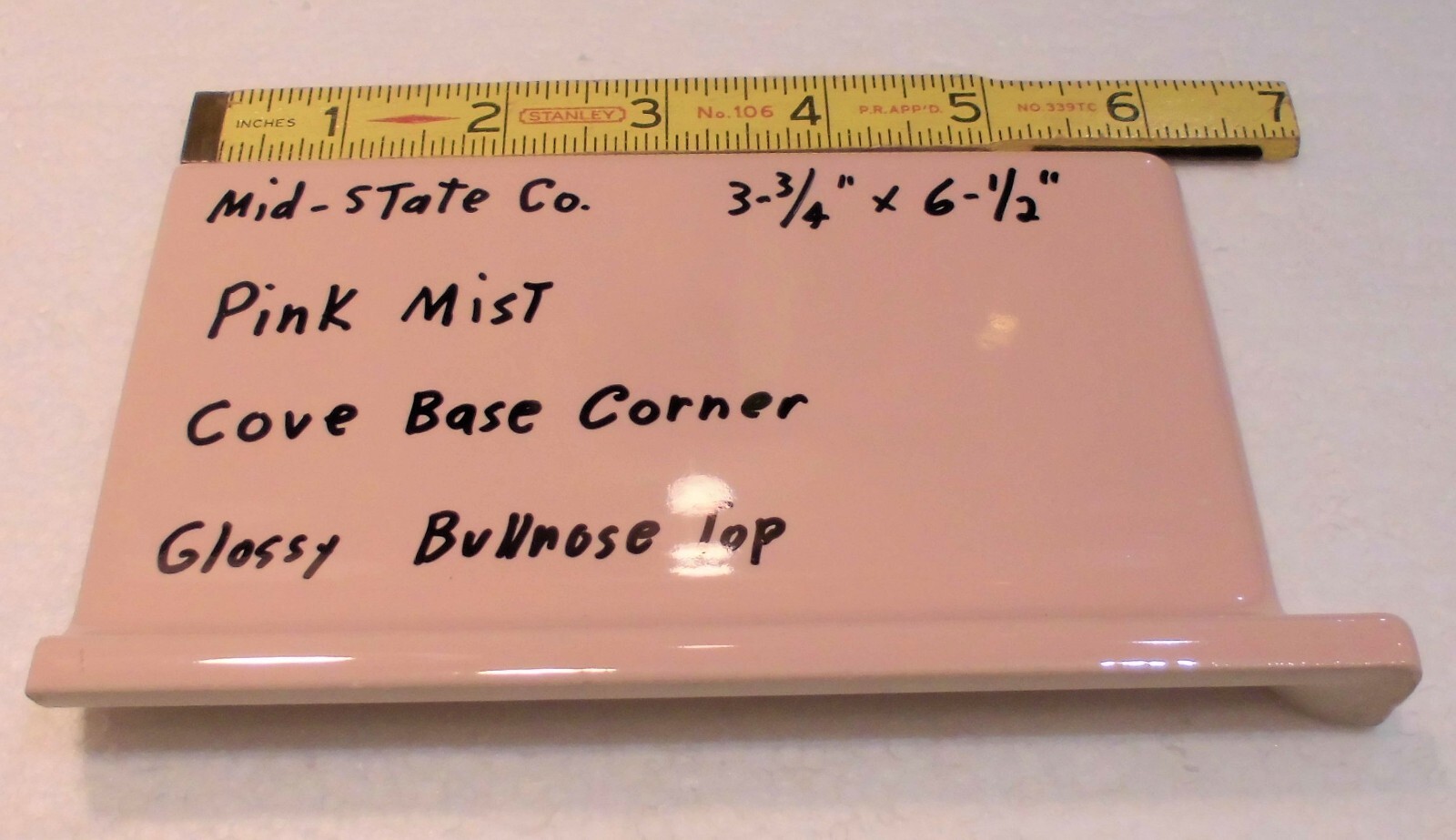 1 pc. *Pink Mist* Finish Corner Bullnose Top cove/base Ceramic Tile 3.75″ X 6.5″