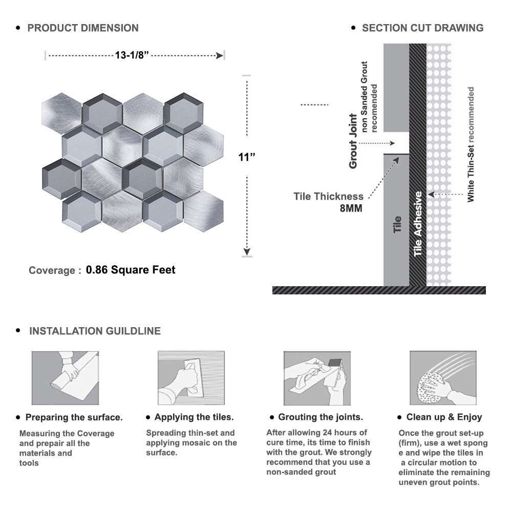 Gray Aluminum Metallic 3D Crystal Glass 2.5″ Hexagon Mosaic Tile Wall Backsplash