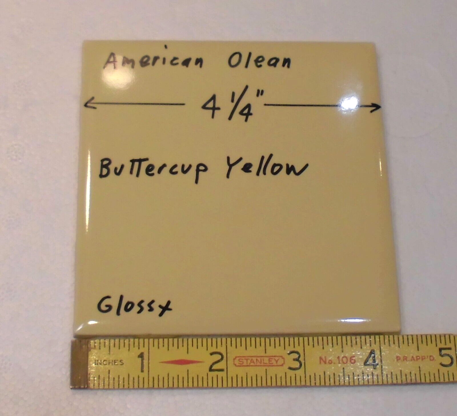 1 pc. Buttercup Yellow: 4-1/4″ Glossy Ceramic Tile by American Olean #12, NOS