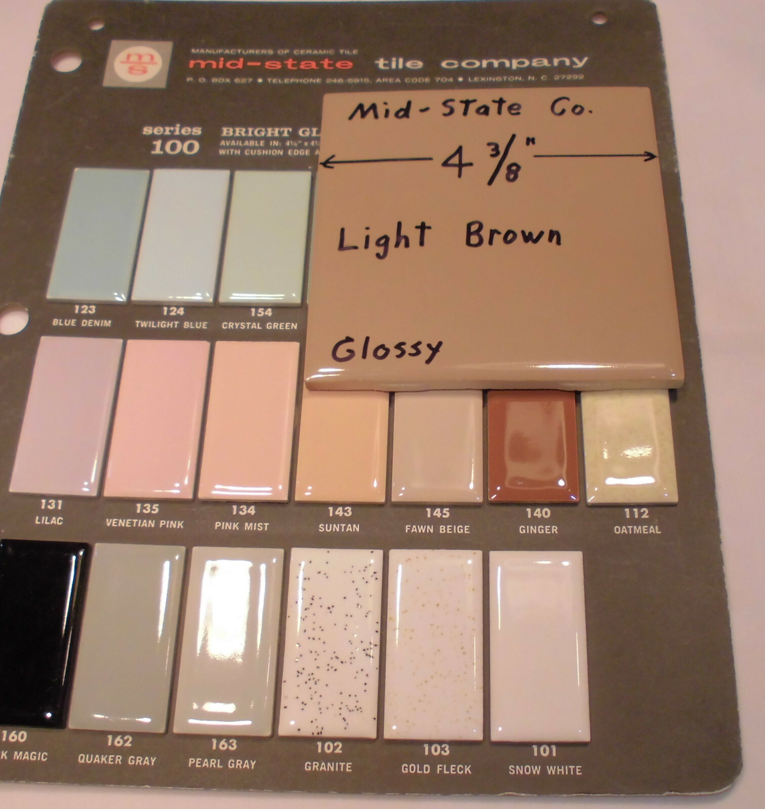 1 pc. *Light Brown* Glossy 4-3/8″ Ceramic Tile by Mid-State Co. made in USA, NOS