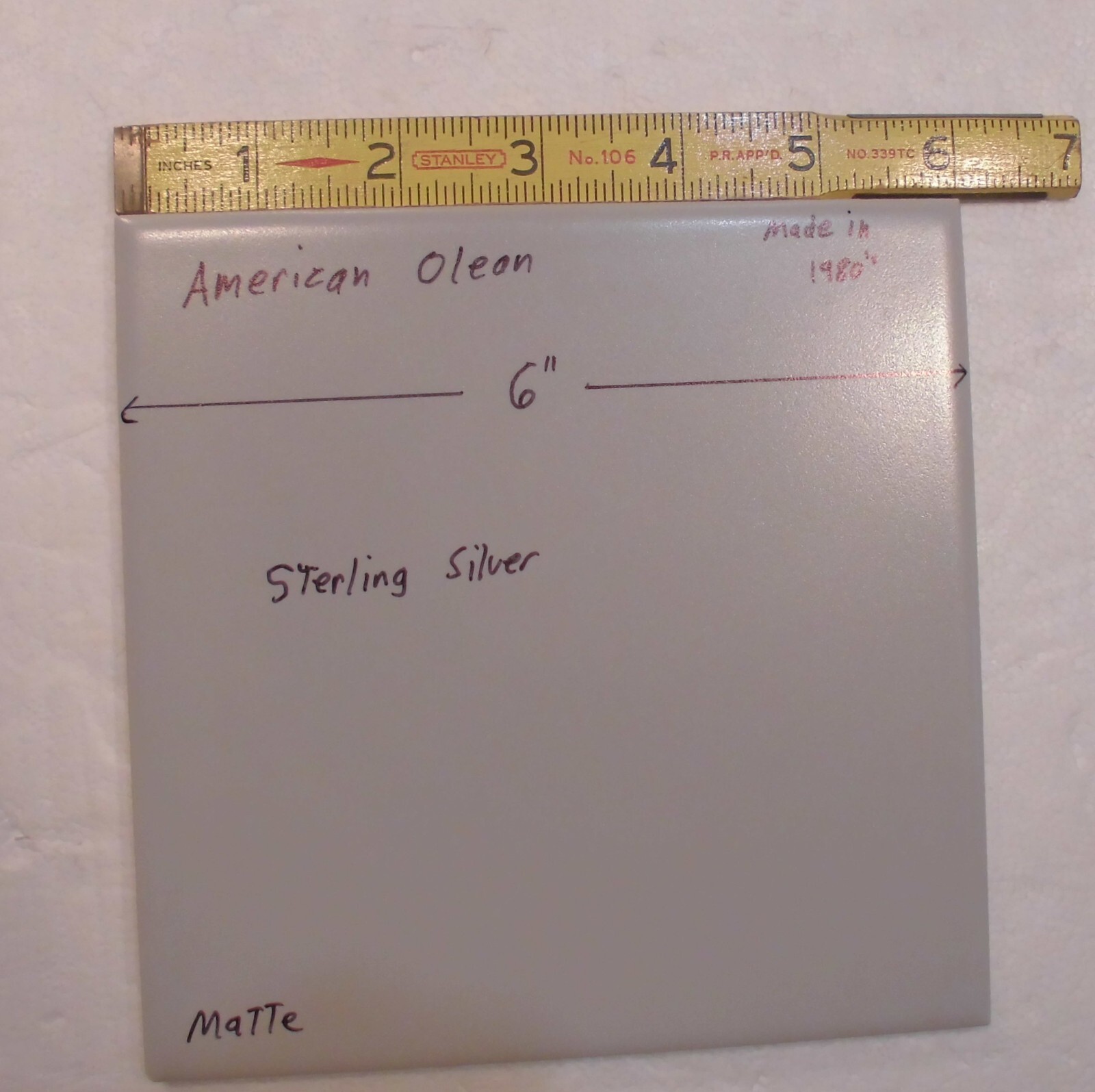 1 pc. 6″ X 6″ Matte Ceramic Tiles *Sterling Silver Gray* American Olean, NEW