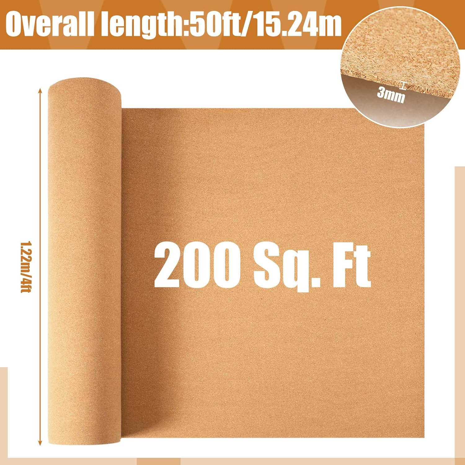200 Sq. Ft. Cork Roll Cork Mat Roll 48 X 600 Inch Cork Underlayment Roll 1/8 Thi