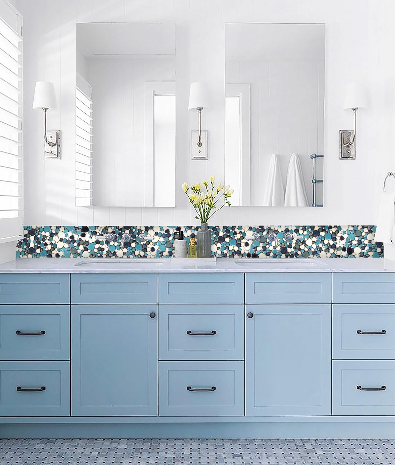 Interlocking Pebble Tiles 5 Sheets, Aqua Teal Blue Mosaic Tiles Mesh Mounted,…