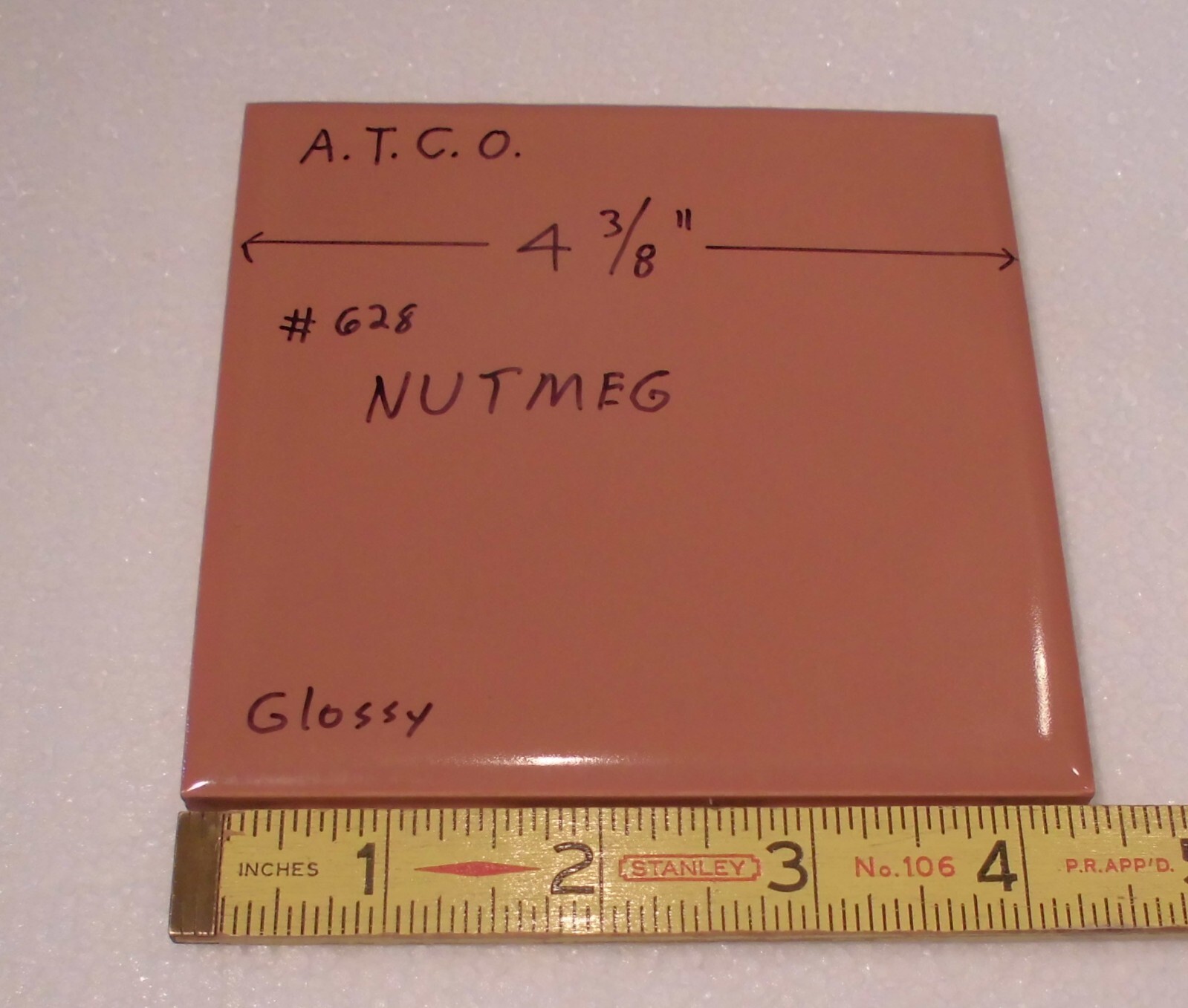 1 pc. Medium Brown – Nutmeg: 4-3/8″ Glossy Ceramic Tile by ATCO, New Old Stock