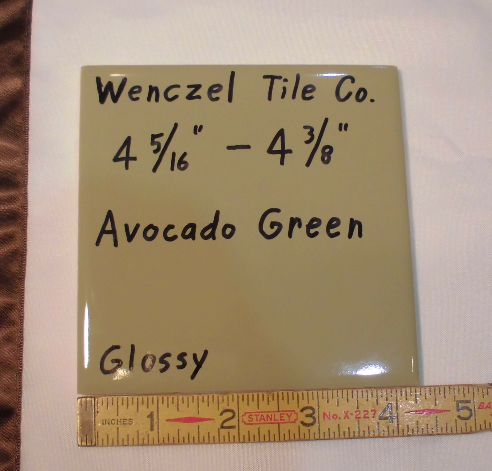 1 pc. *Avocado-Olive-Green* Glossy Ceramic Tile; Wenczel Co. 4-5/16″- 4-3/8″