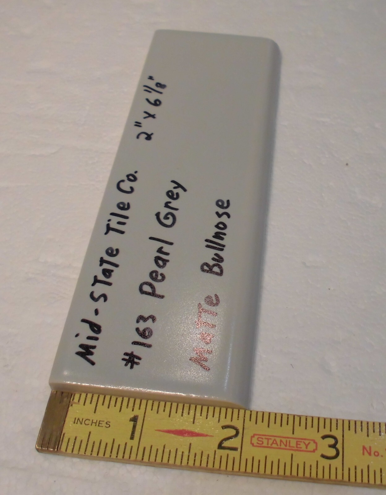 1 pc. Vintage Matte *Pearl Gray* 2” X 6-1/8” Surface Bullnose Ceramic Tile, NEW