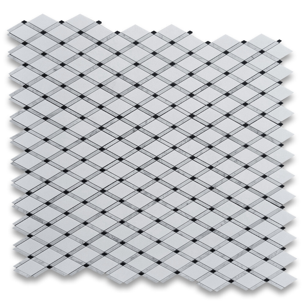 T881XH Thassos White Marble Diamond Lattice Mosaic Tile White Marquina Black