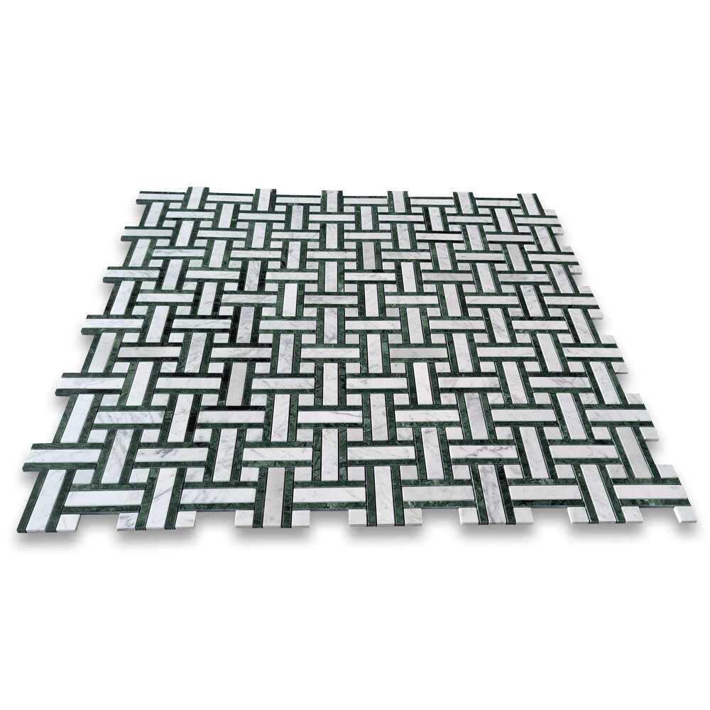 C66A2XP Carrara White Marble Twine Basketweave Mosaic Tile Indian Green