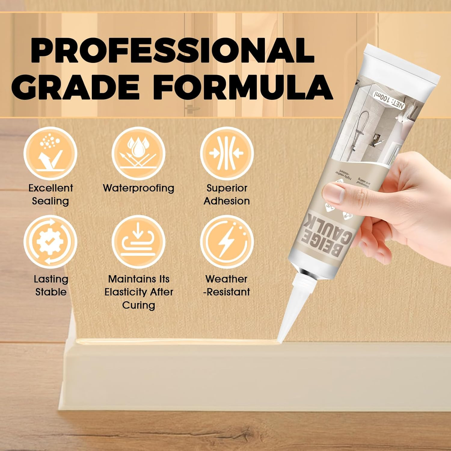 Beige Caulk, Silicone Caulk for Bathroom Shower Kitchen Tile Floor Sealing, Wate