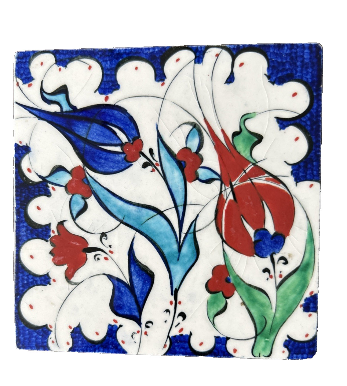 Set of 4 Handmade Turkish Ceramic Tiles Iznik Kütahya Floral Bird Blue Red 4×4”