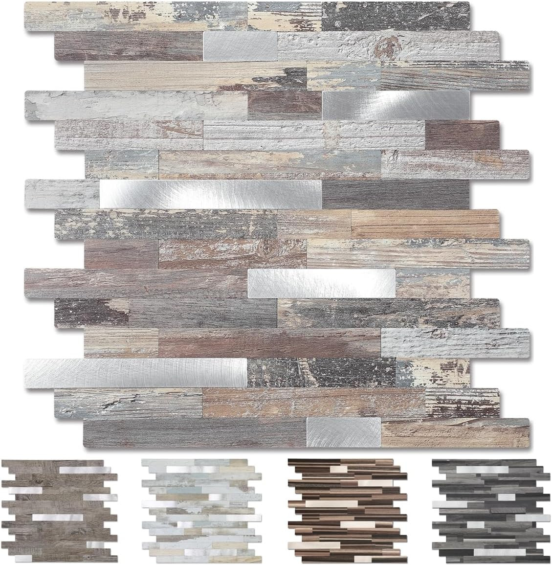 Peel and Stick Wood Metal Tile Backsplash, Stick on Tiles for Backsplash Kitchen
