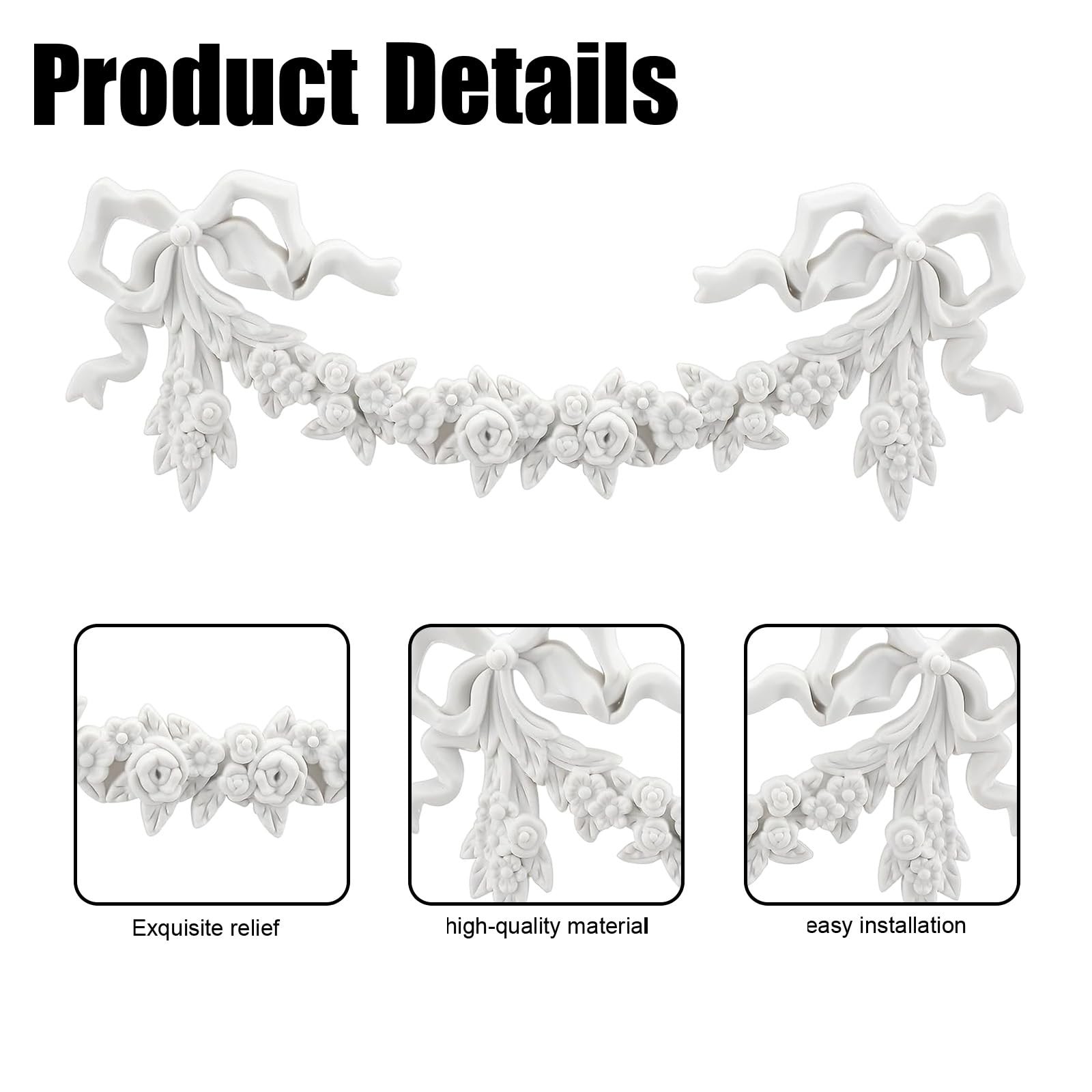 2 PCS Roses & Bow Carved Appliques Onlays,White PVC Appliques for Furniture D…
