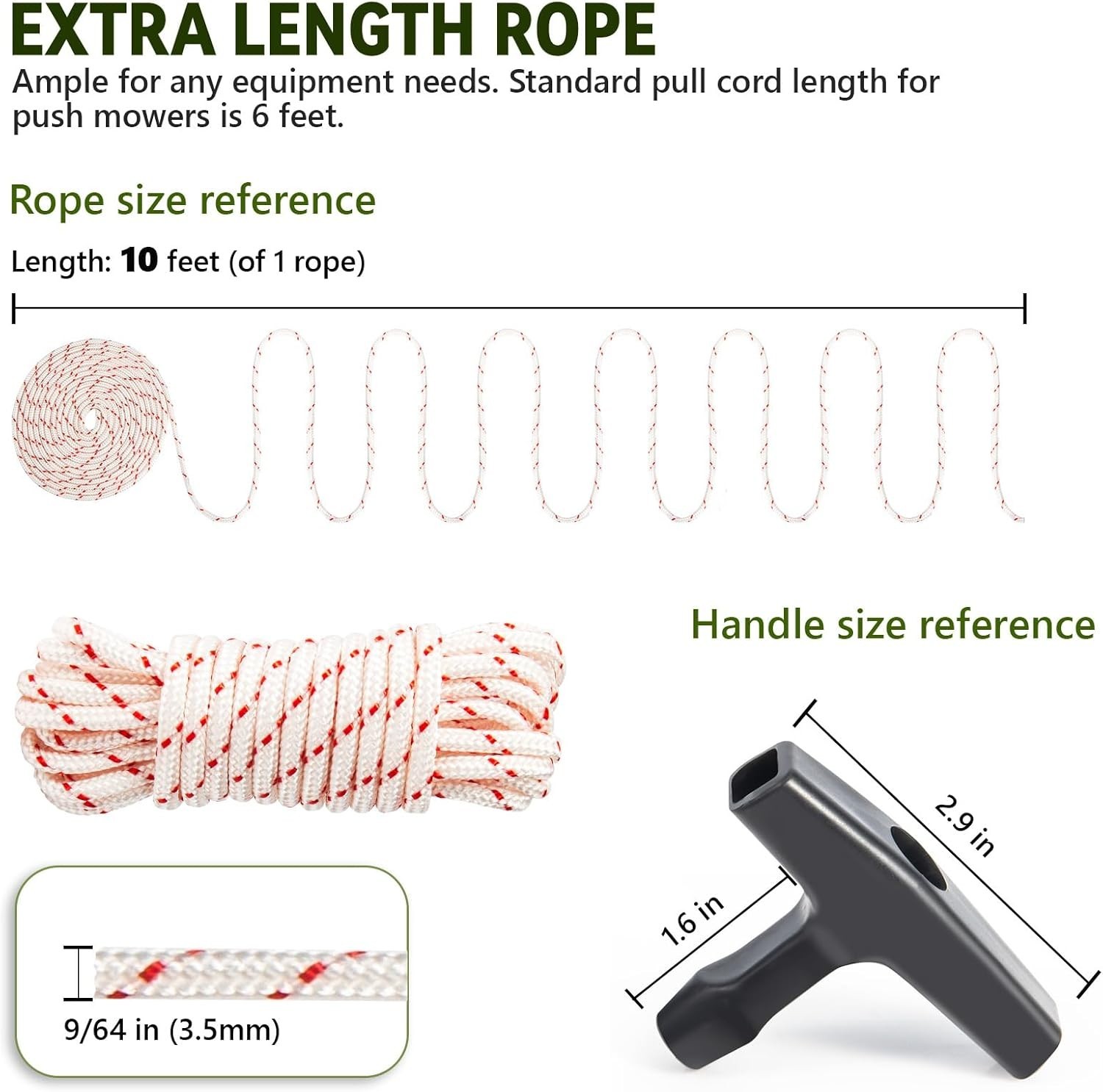 3 Pack, 10 ft x 9/64″ (3.5mm) Pull Cord Rope with Handle, Premium Starter Rope w