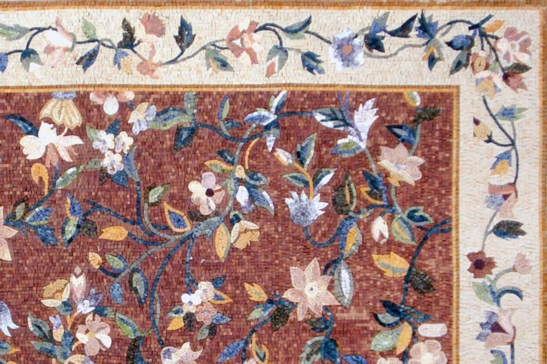 FLOWER BORDER RUG | Marble Stone Square Shape Mosaic Rug |Beautiful Handmade Rug