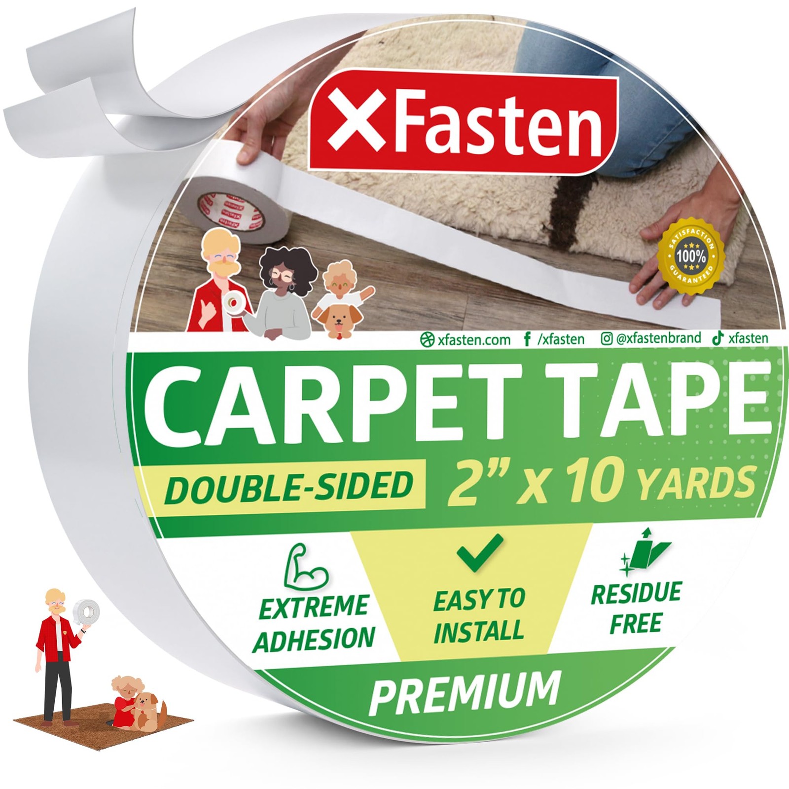 XFasten Carpet Tape for Hardwood Floors 2-Inch x 10-Yards, 3-Inch Core, White