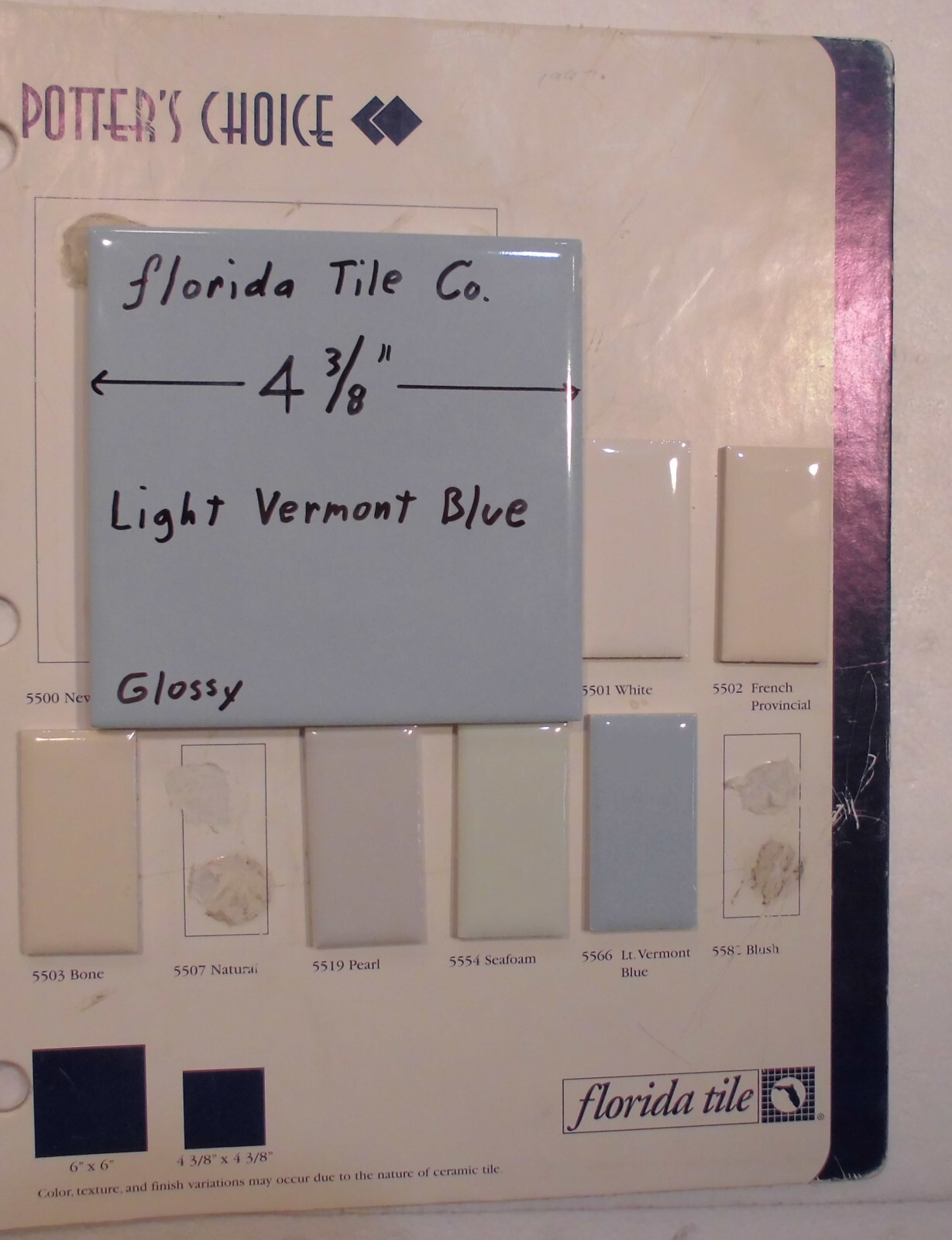 1 pc. Vermont Light Blue: 4-3/8″ Glossy Ceramic Tile by Florida Tile Co. NEW