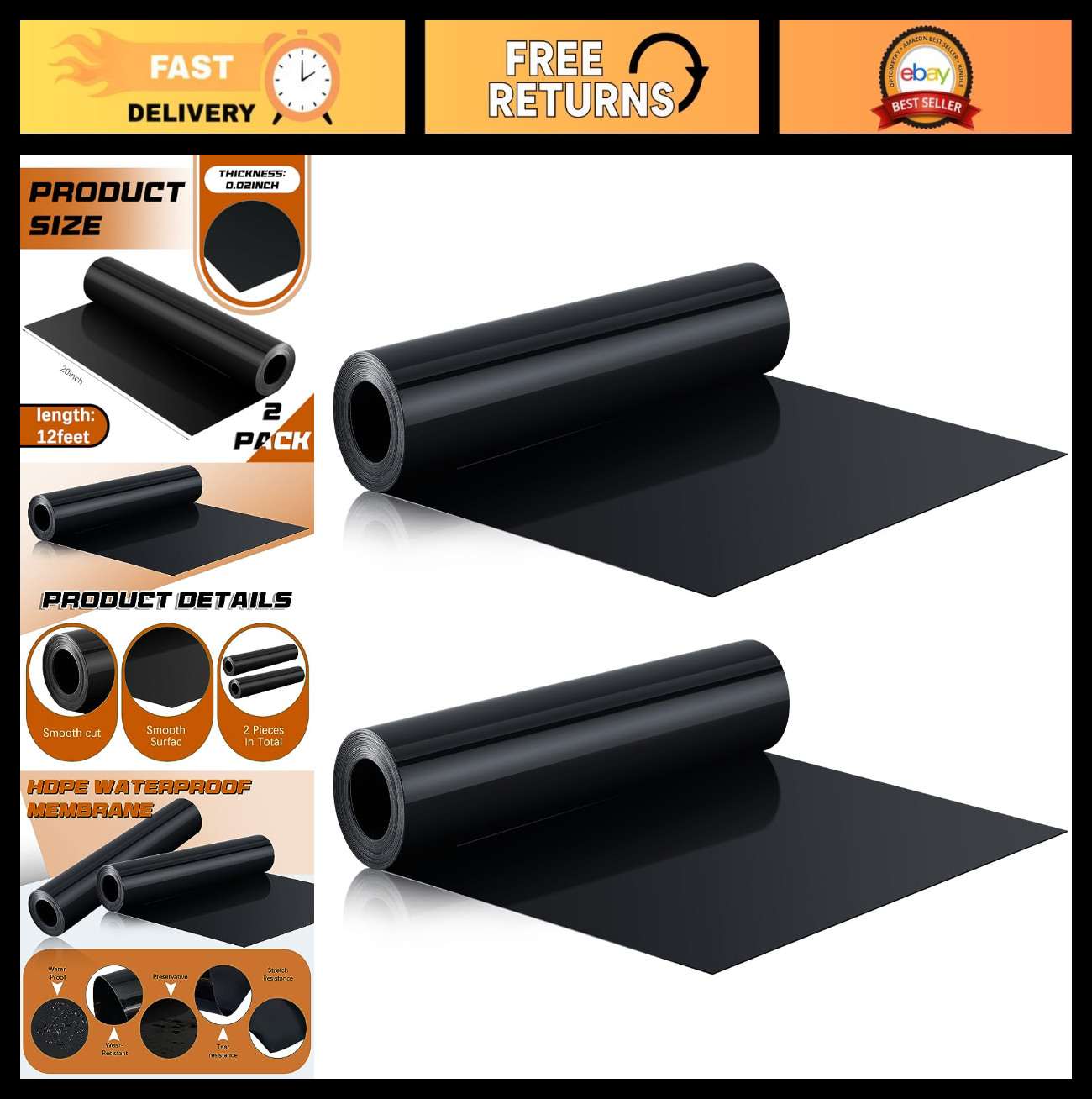 2 Rolls Black Under Deck Drainage System 12ft x 19.69in Waterproof Membrane