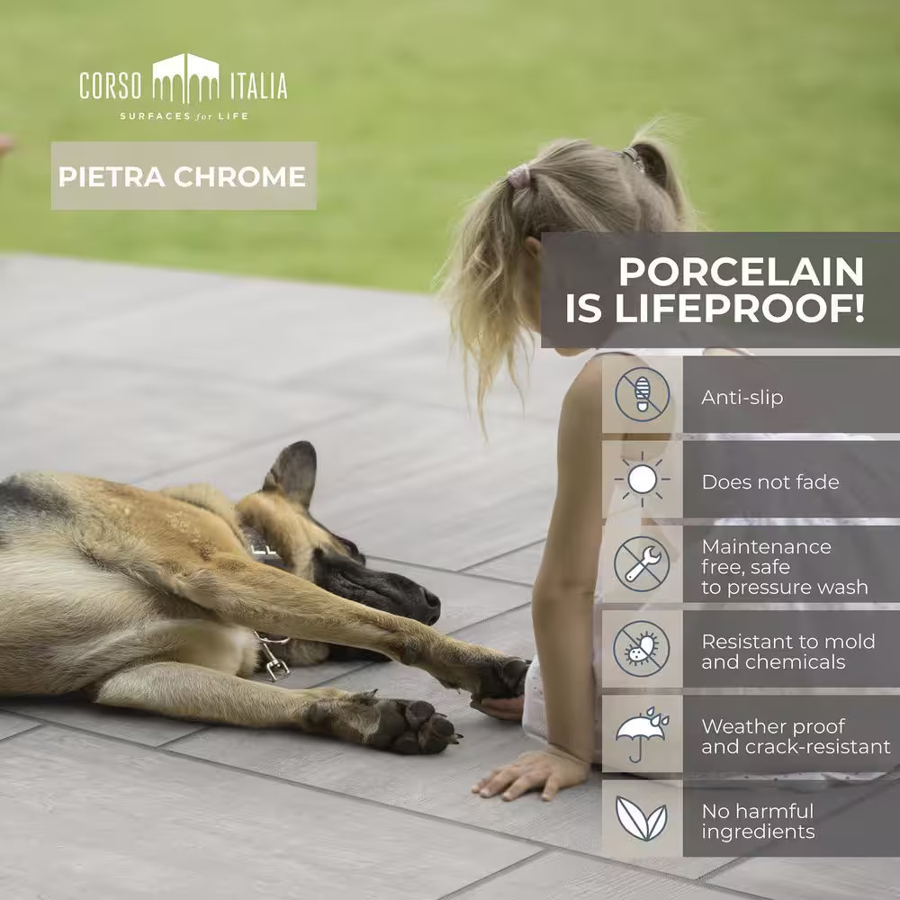 Pietra Chrome 24 In. X 48 In. X 0.75 In. Concrete Look Porcelain Paver