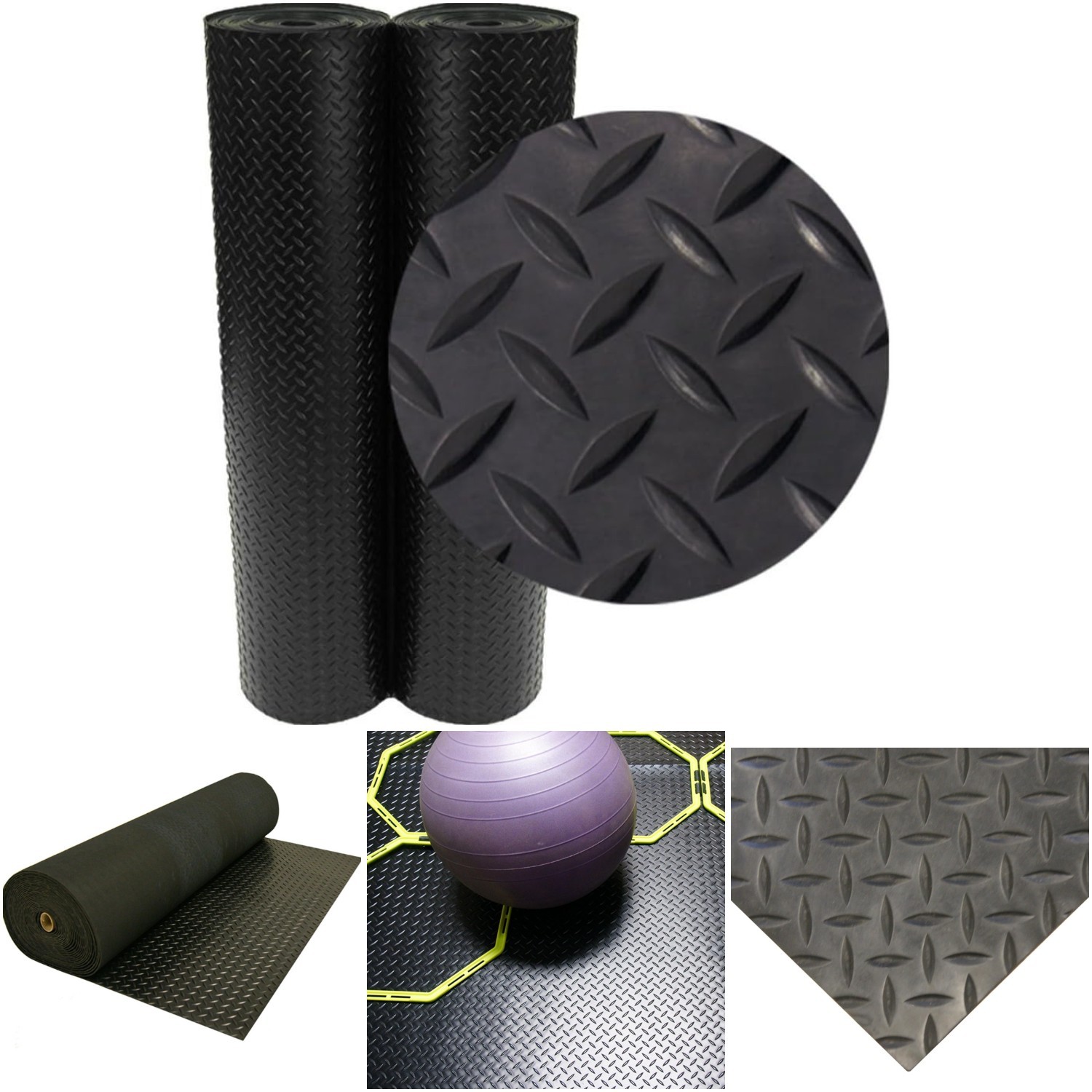 3mm Diamond-Plate Rubber Flooring Rolls 4ft x 7ft Black Non-Slip Commercial