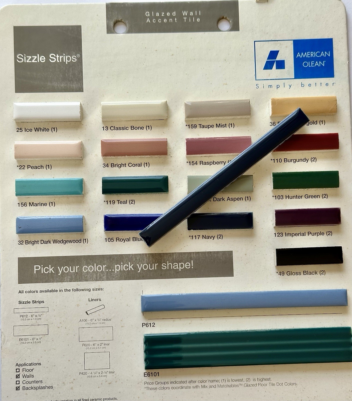 1 pc. Navy Blue: Ceramic Tile… Pencil – Liner – Sizzle: 1/2″ X 6″ by A.O. New