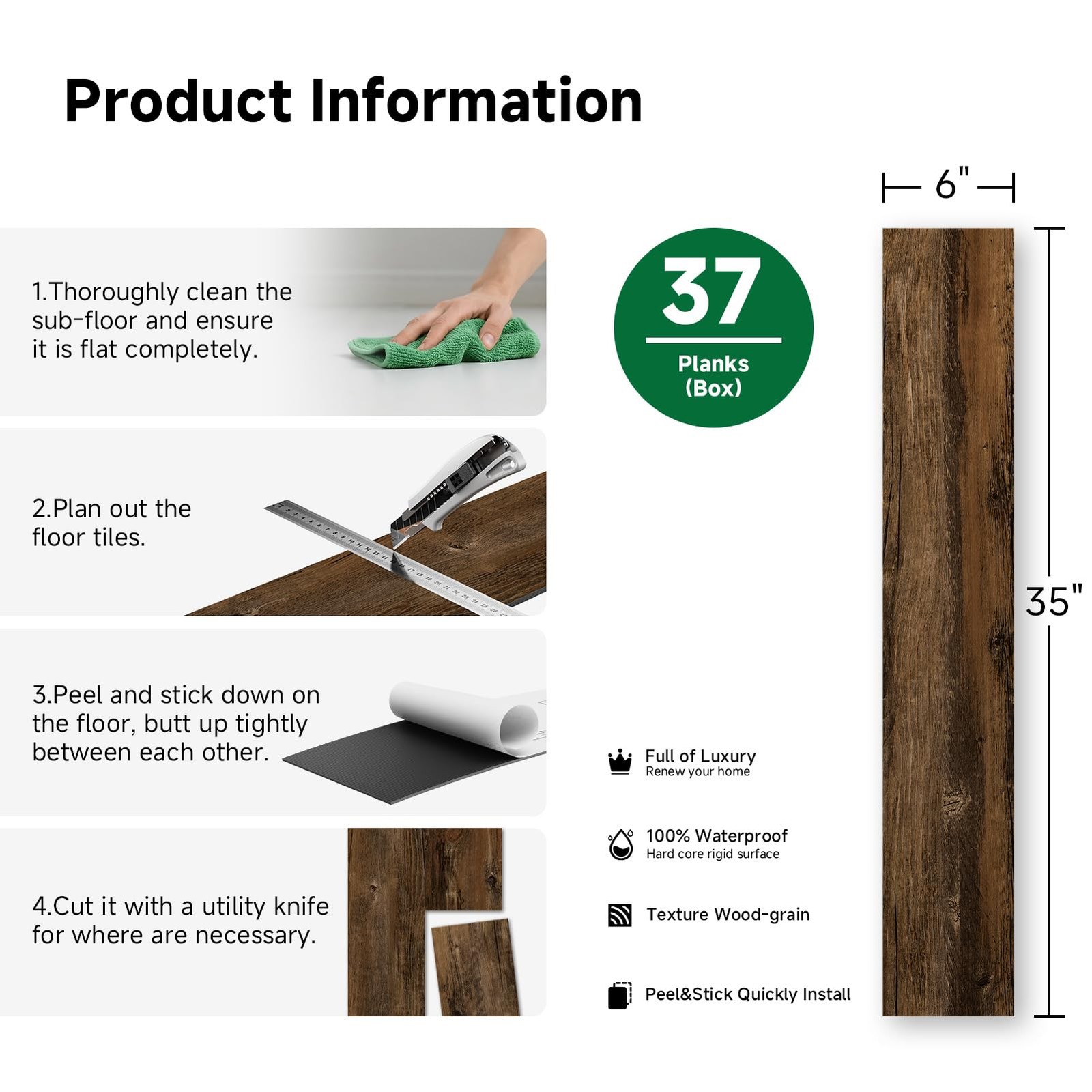 Peel and Stick Vinyl Flooring, 37-Pack (54 Sq.Ft) Wood-Effect, Rigid Core Eas…