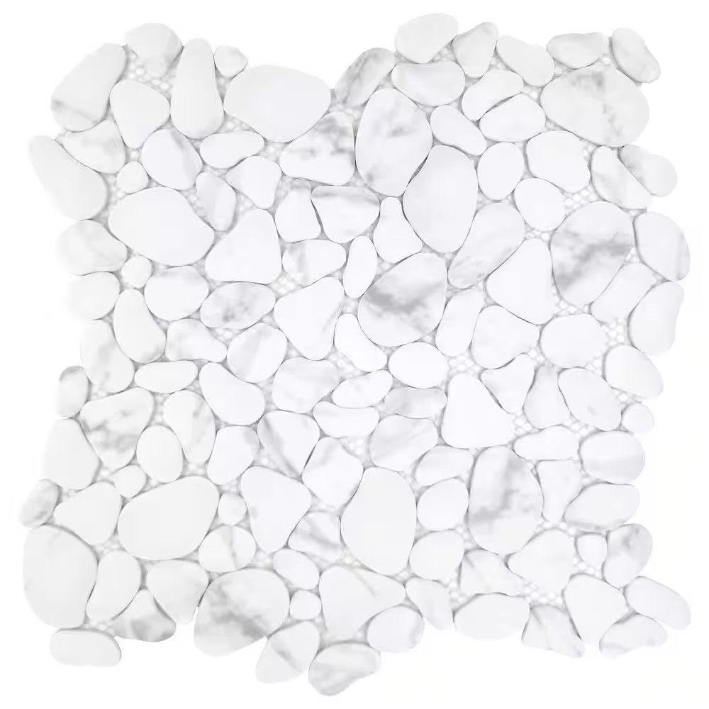 White Calacatta Pebble 10.6 In. X 10.6 In. Recycled Glass Marble Looks Floor and