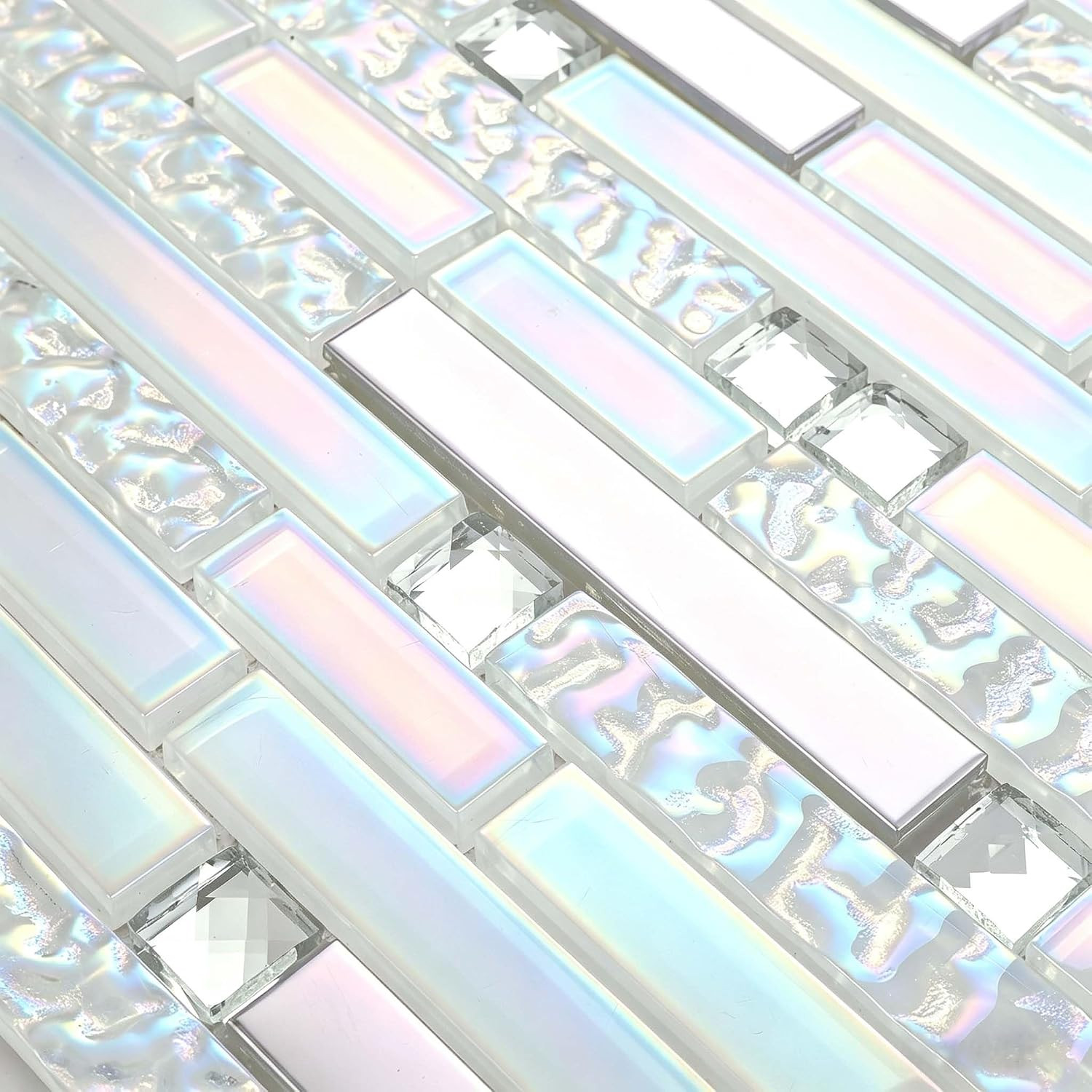Iridescent White Silver Glass Tile Backsplash for Kitchen & Bath 5 Sq Ft