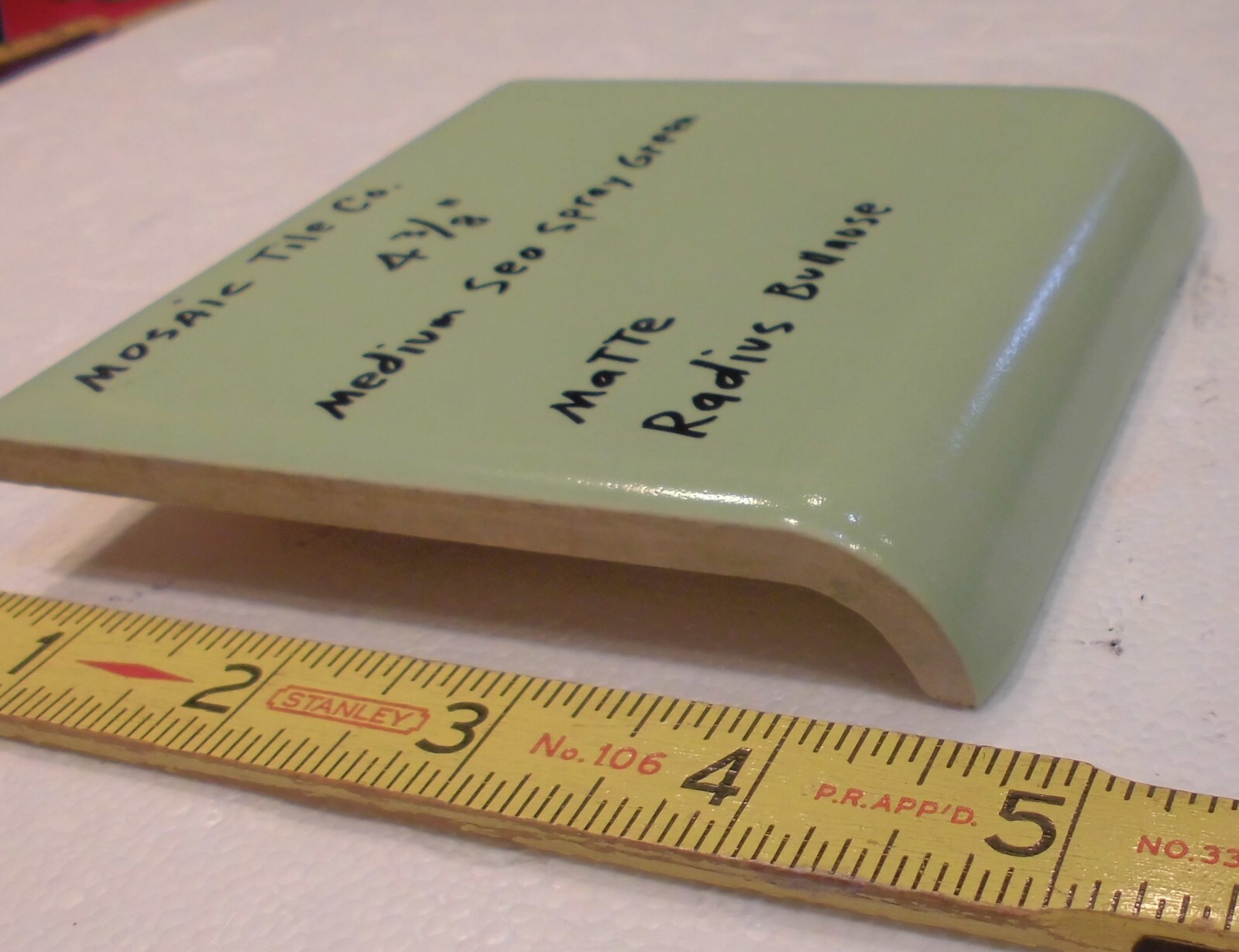 1 pc. Medium Sea Spray Green: Matte Radius Bullnose Ceramic Tile 4-3/8″ NOS