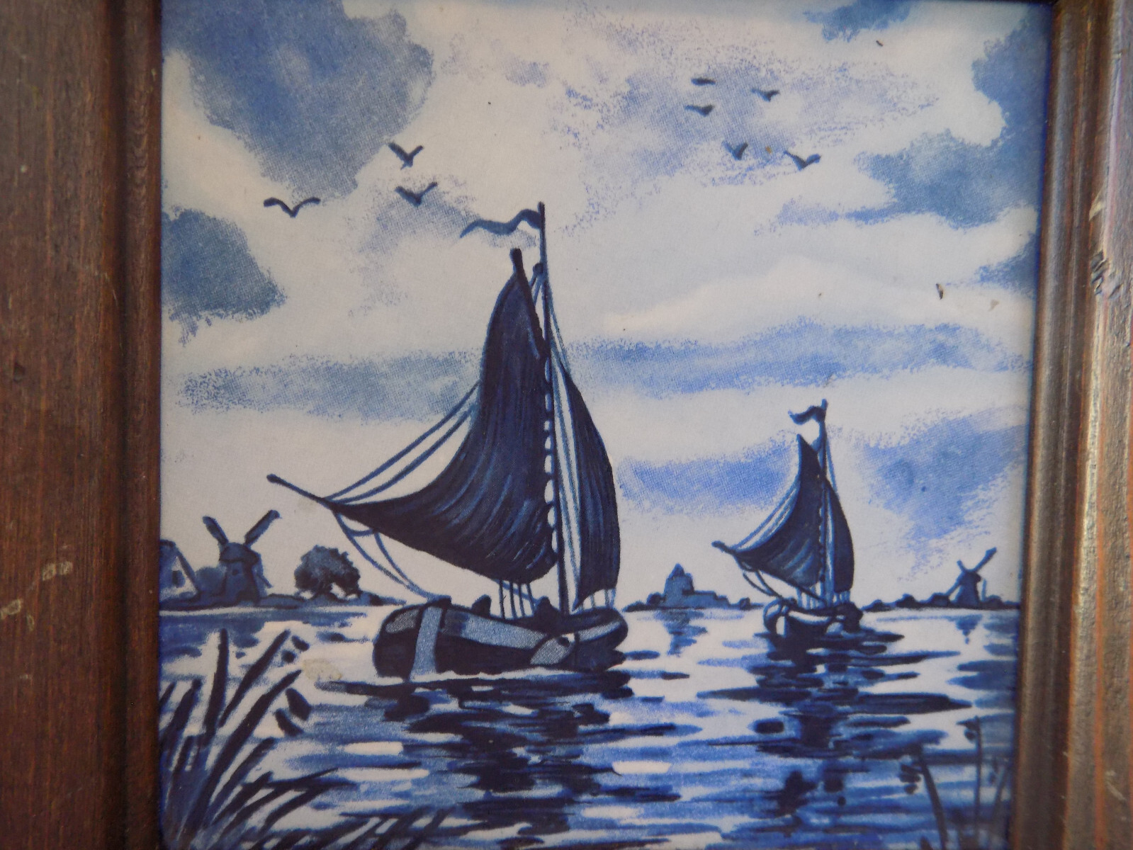 Set of 2 H&R Johnson Ceramic Tile Framed Blue Painted Sail Boats Ships Natutical