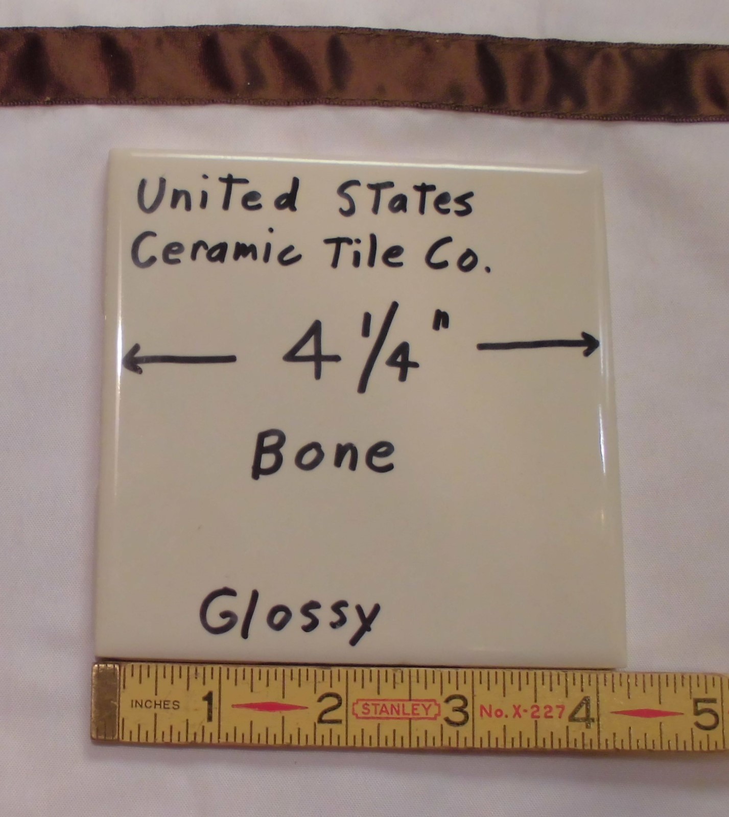 1 pc. Gloss Bone: 4-1/4″ Ceramic Tile by United State Tile Co. New Old Stock