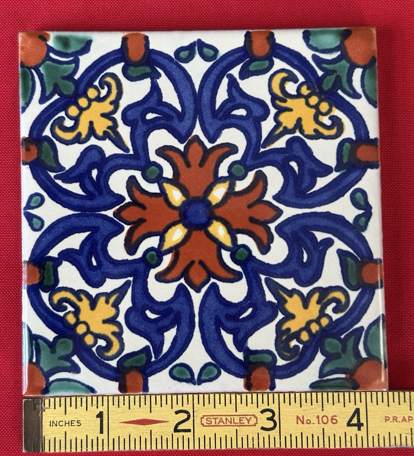 1 pc. 4-1/4″ Glazed Ceramic Tile, Colorful Spanish-Style Floral Medallion, red