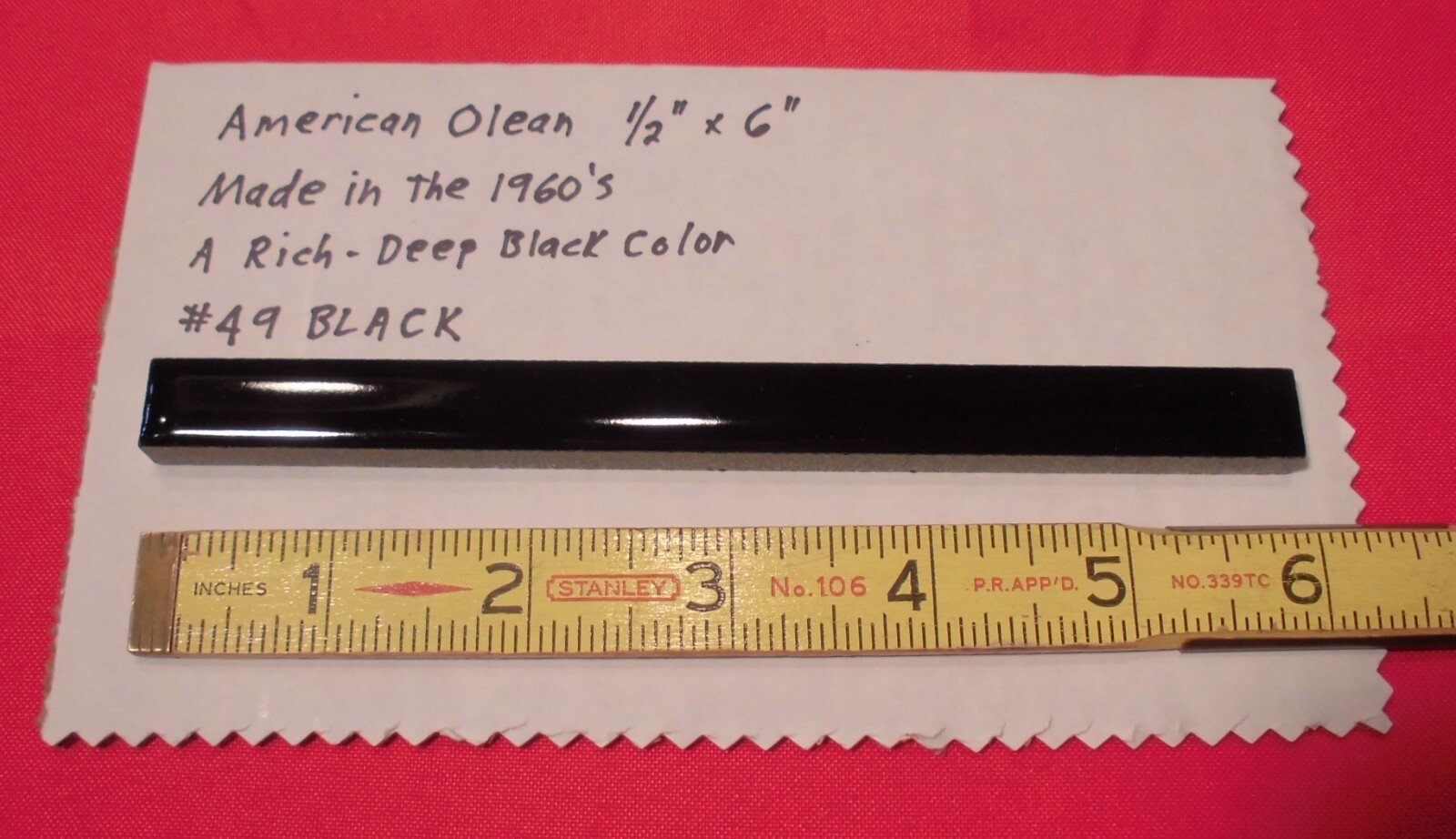 Gloss Dark Black Ceramic Liner-Sizzle Tile 1/2″ X 6″ American Olean, made 1960’s