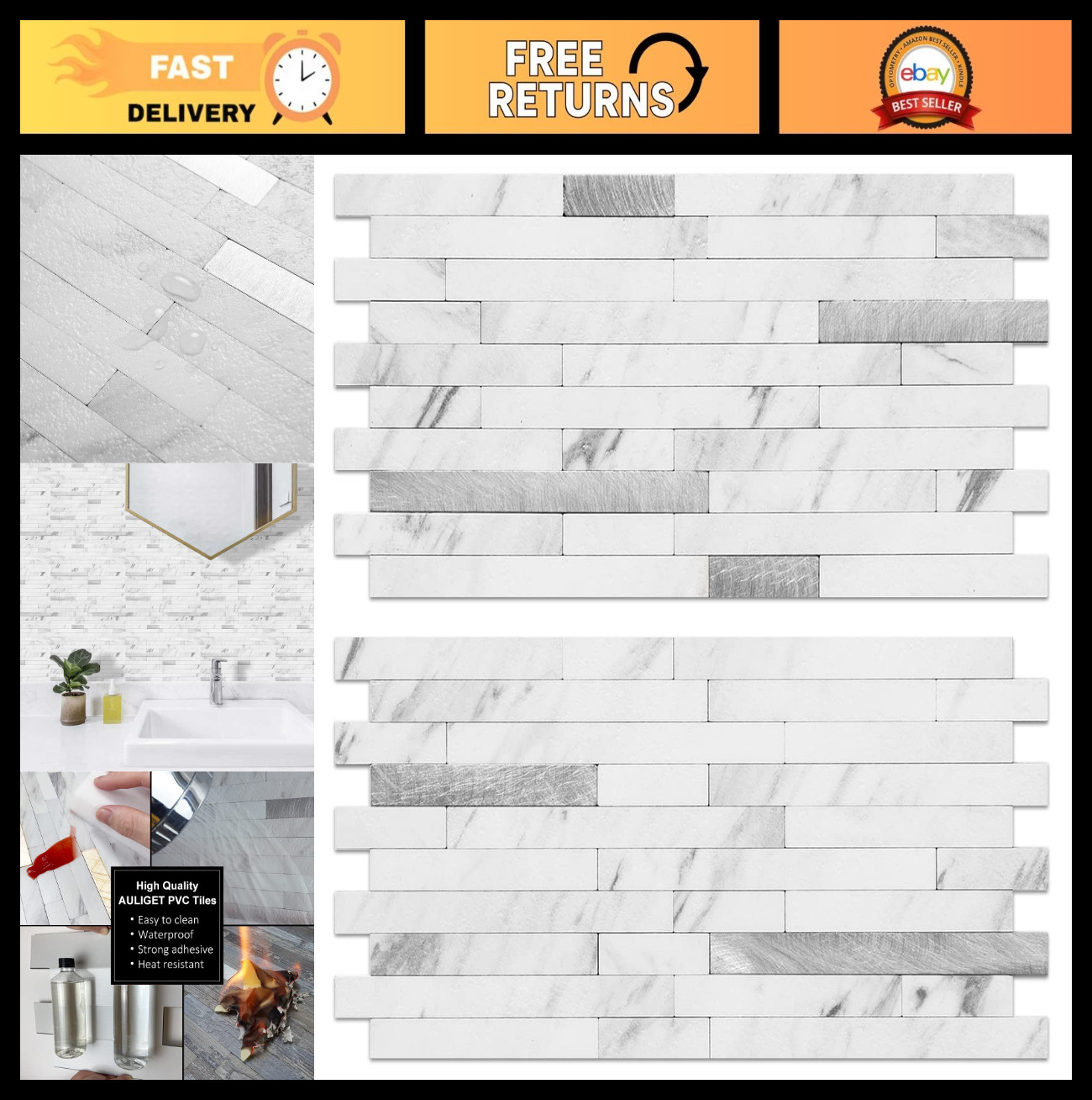 40 Sheets Faux Stone Peel and Stick Backsplash – White Marble PVC Wall Tiles for