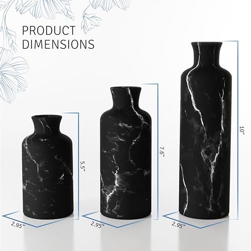 Black Marble Look Vase Set – Vases Home Decor, Premium Matte Black Marble Look