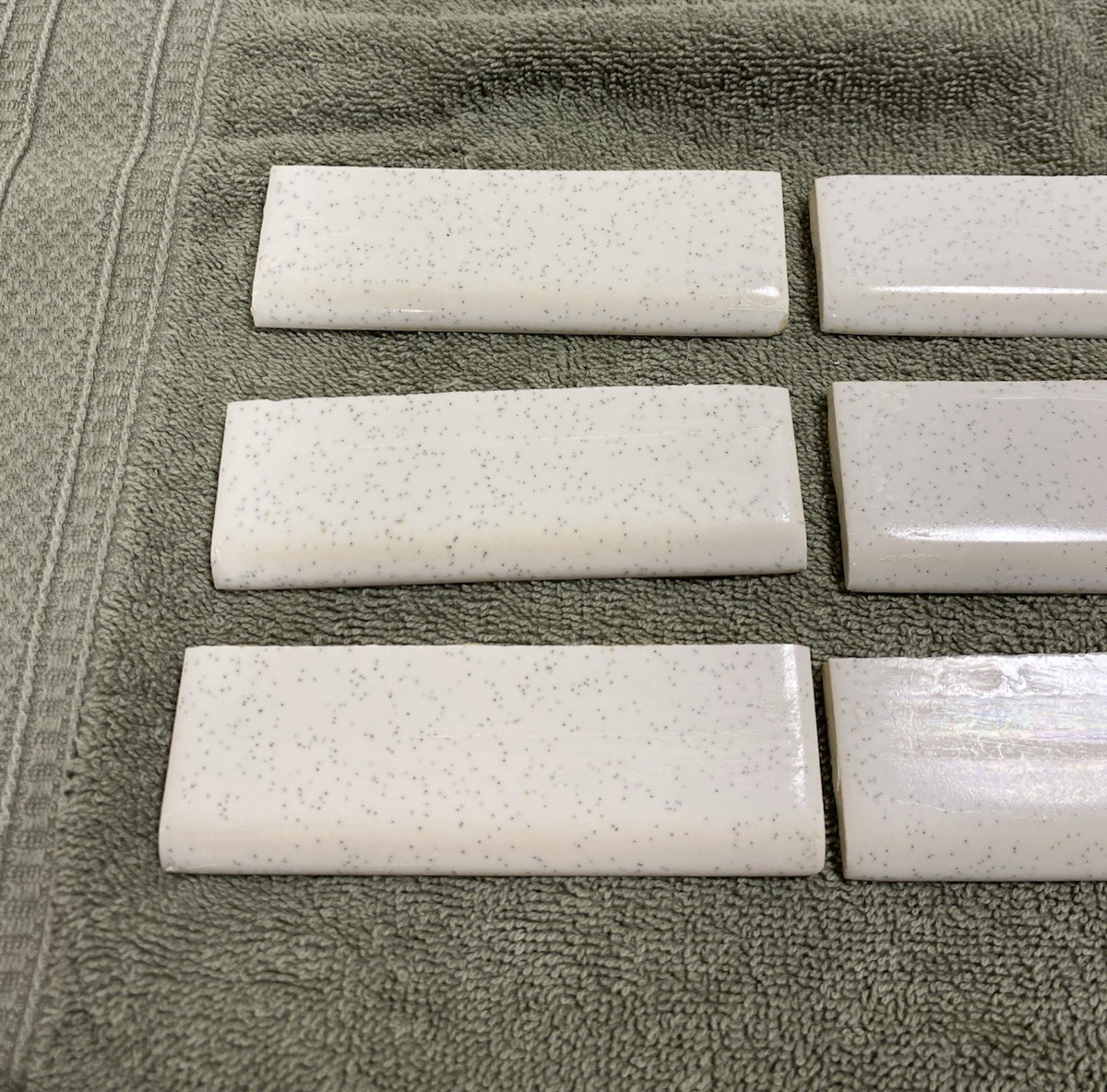 9 Vintage (1950-60s) White Speckled Ceramic Tile – CUT BULLNOSE – 1.5×4.25