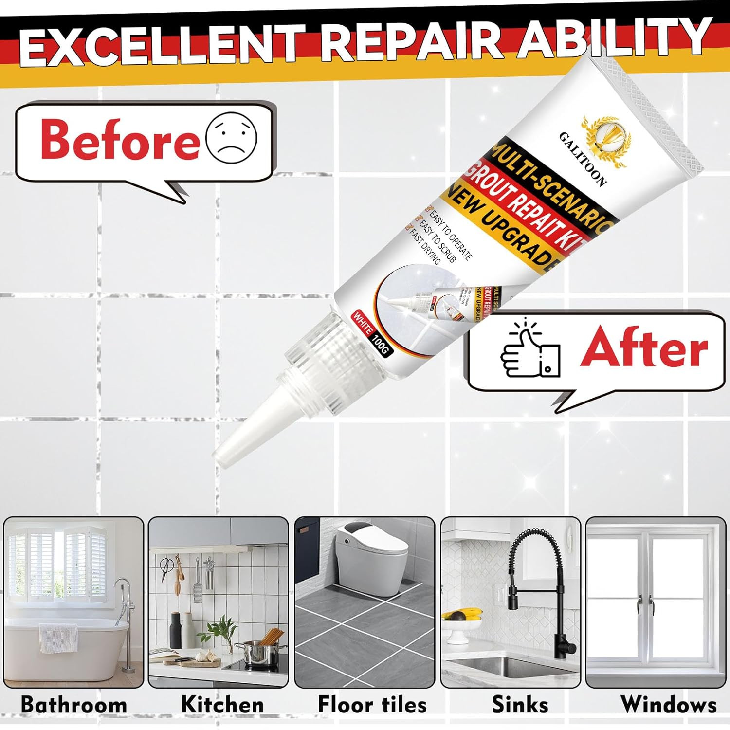 Tile Grout Repair Kit, 2 Pack Grout Filler, Fast Drying Tile Grout Paint, Grout