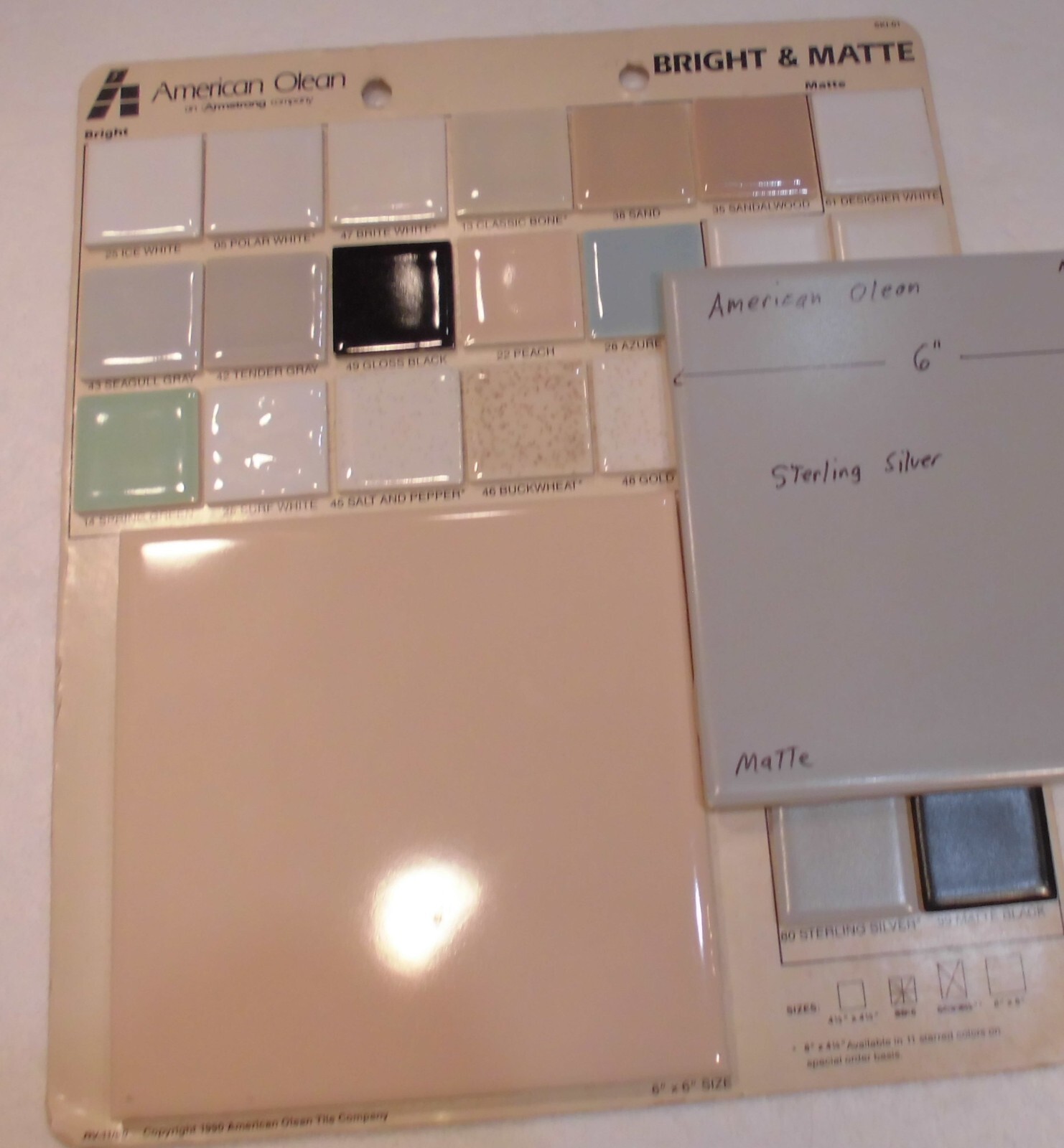 1 pc. 6″ X 6″ Matte Ceramic Tiles *Sterling Silver Gray* American Olean, NEW