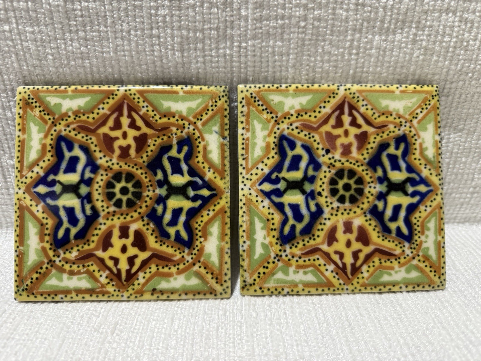 (2)Beautiful Ideal Standard-MEX.-Blue/Maroon 8 Sided Star -4.25” Ceramic Tiles