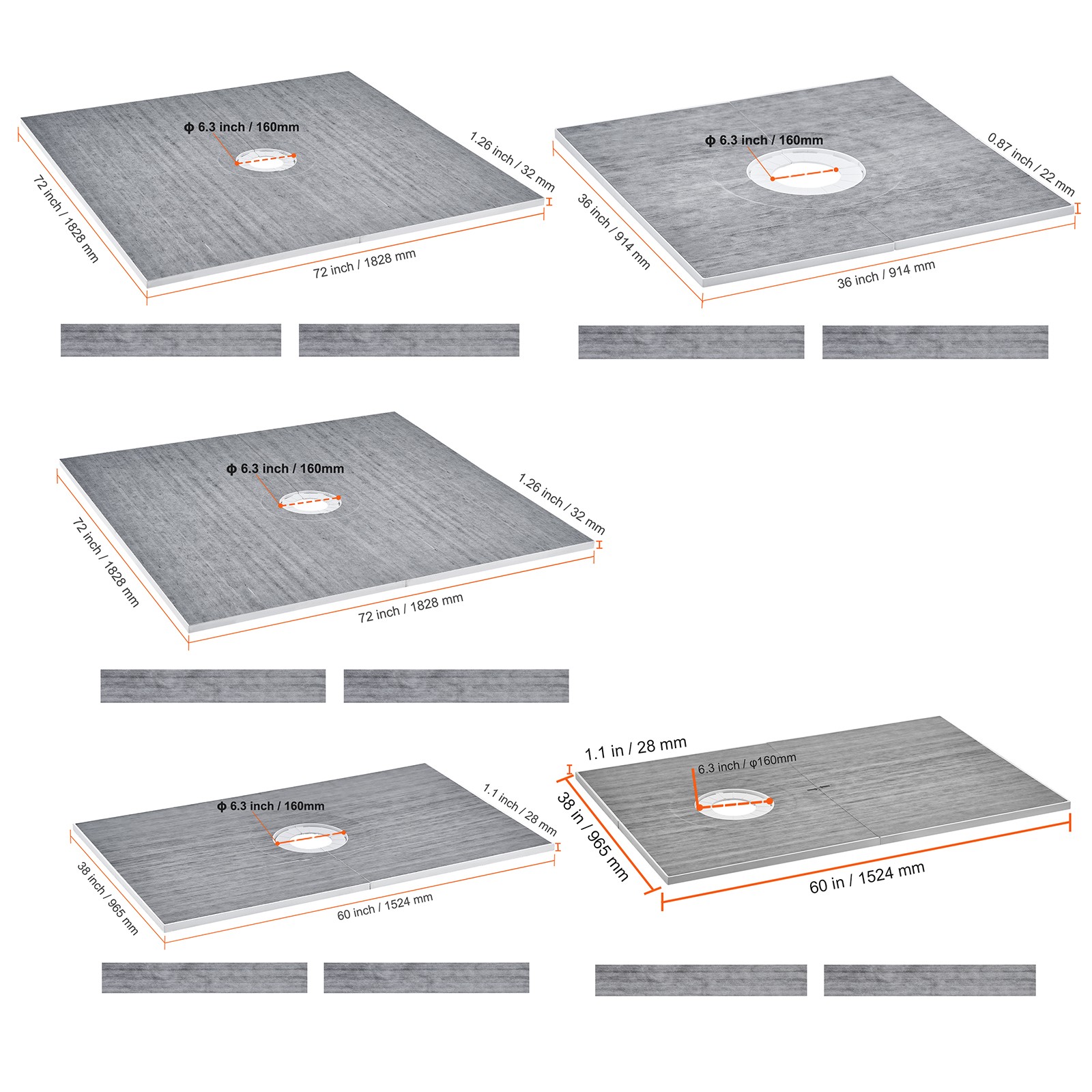 VEVOR Waterproofing Shower Curb Tray Kit 36″-48″ x 60″-72″ Central/Offset Drain