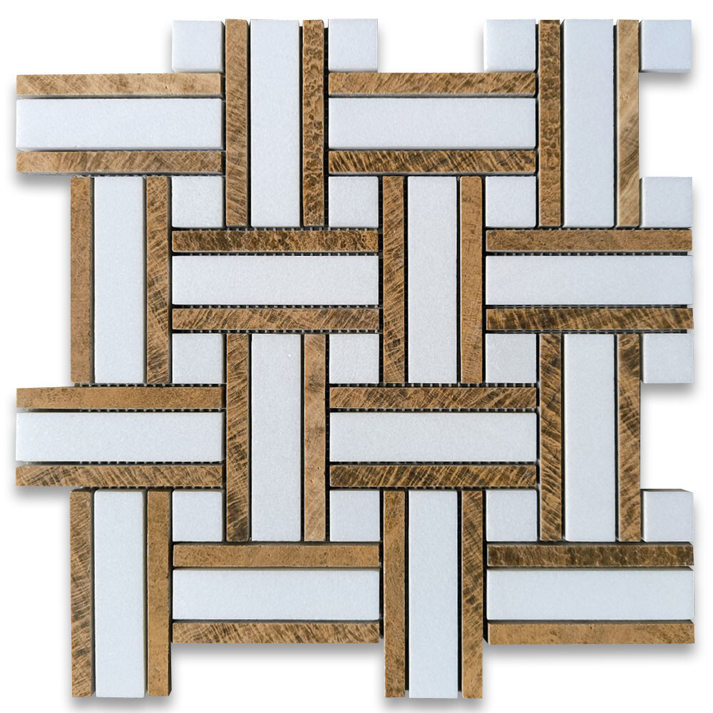 T66A8XP Thassos White Marble Twine Basketweave Mosaic Tile Yellow Woodgrain