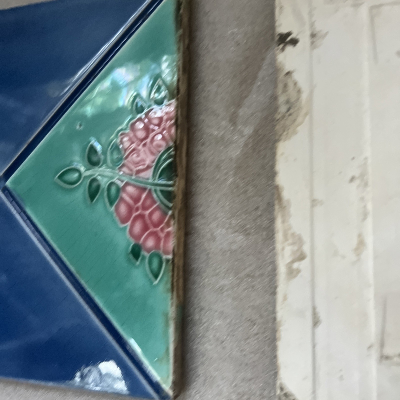 Set of 2 Antique Japanese Majolica Tiles Art Nouveau Geometric Rose Vine 6×6