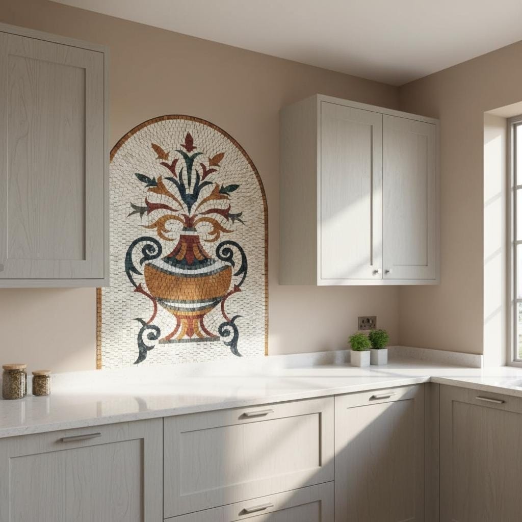 Handmade Marble Mosaic Kitchen Backsplash Roman Floral Wall Tile Natural Stone A