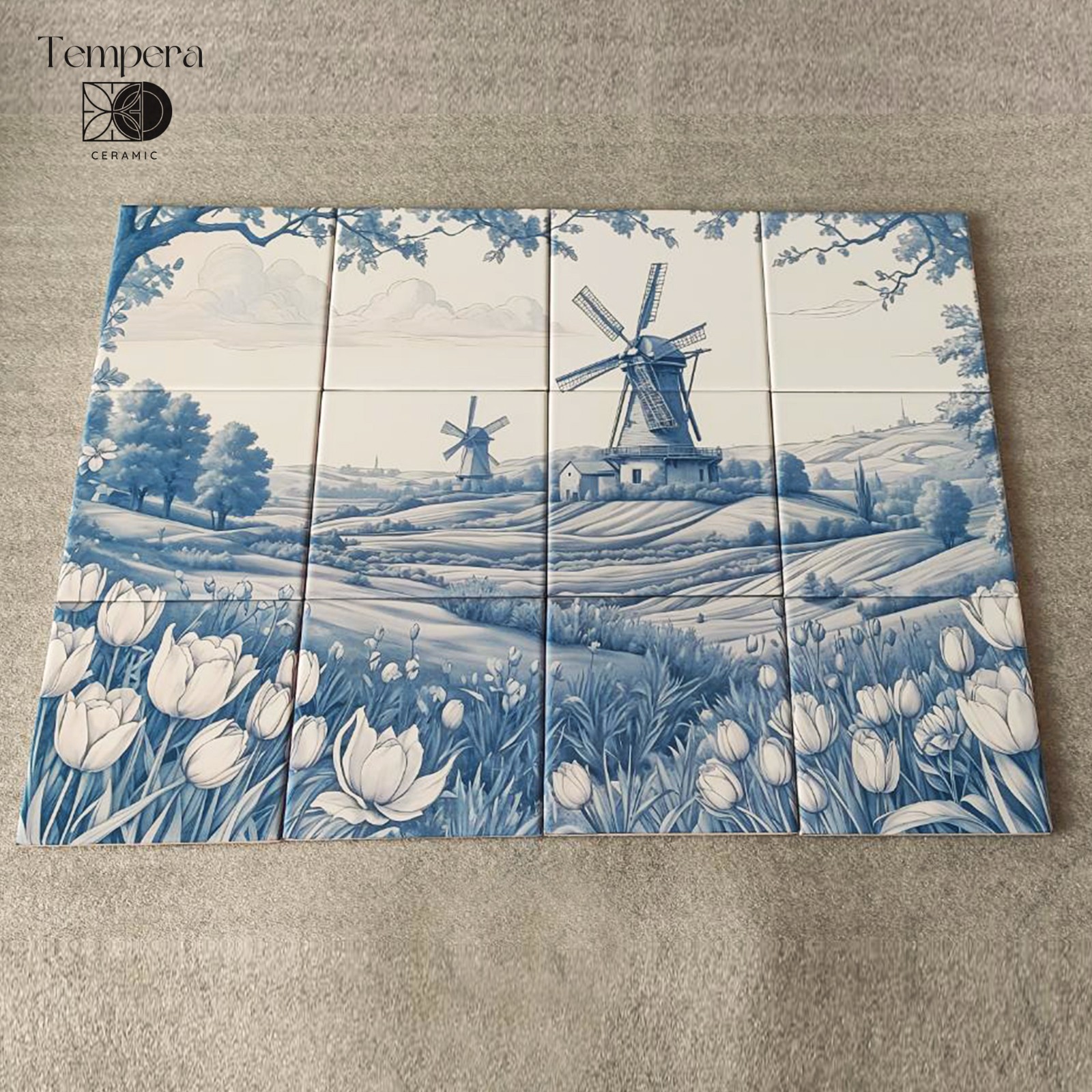 Blue and white delft style tiles, Windmill tile mural, Windmill landscape tiles