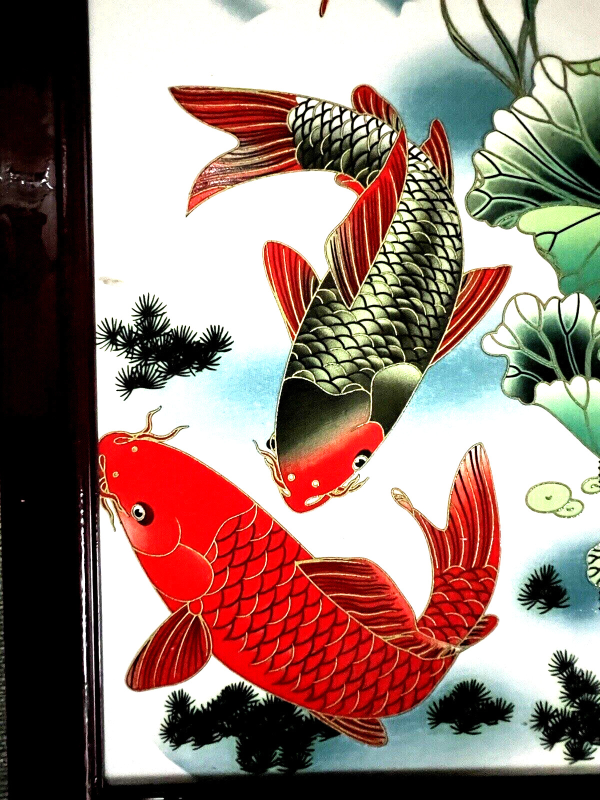 KOI Fish & Water Lily Flowers Asian Art Ceramic Tile Framed 11.5″ x 14.5″ VTG