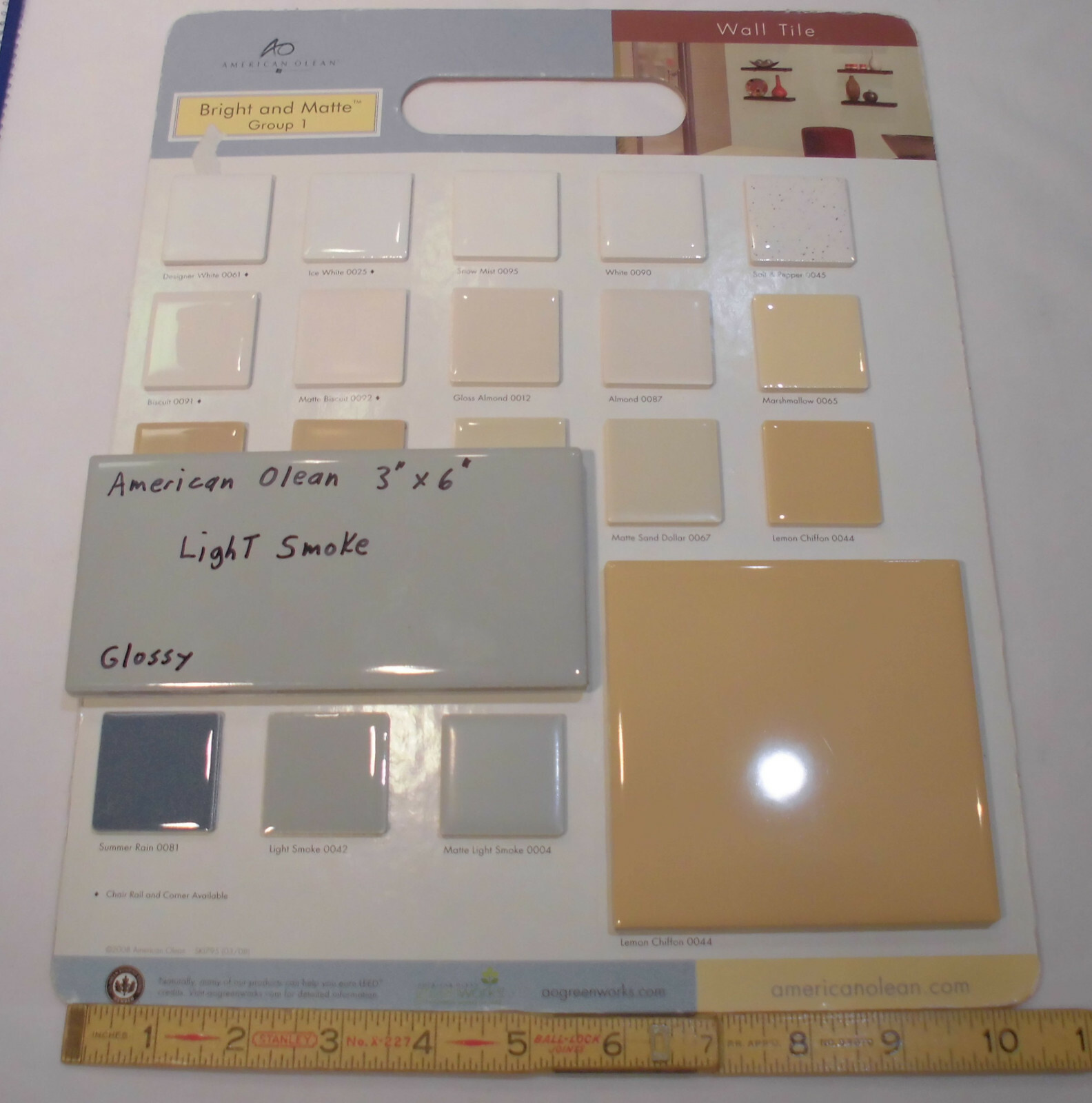 1 pc. Light Smoke Gray: 3″ X 6″ Glossy Ceramic Tile by American Olean Co. NEW