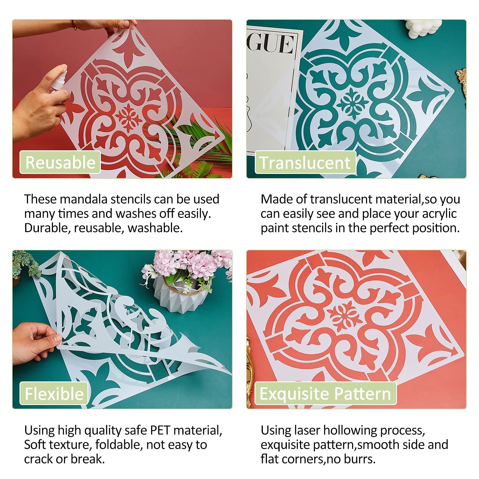 Mandala 6 Pieces Reusable Tile Stencil 12 x 12 Inches Wall Templates Tile Patter