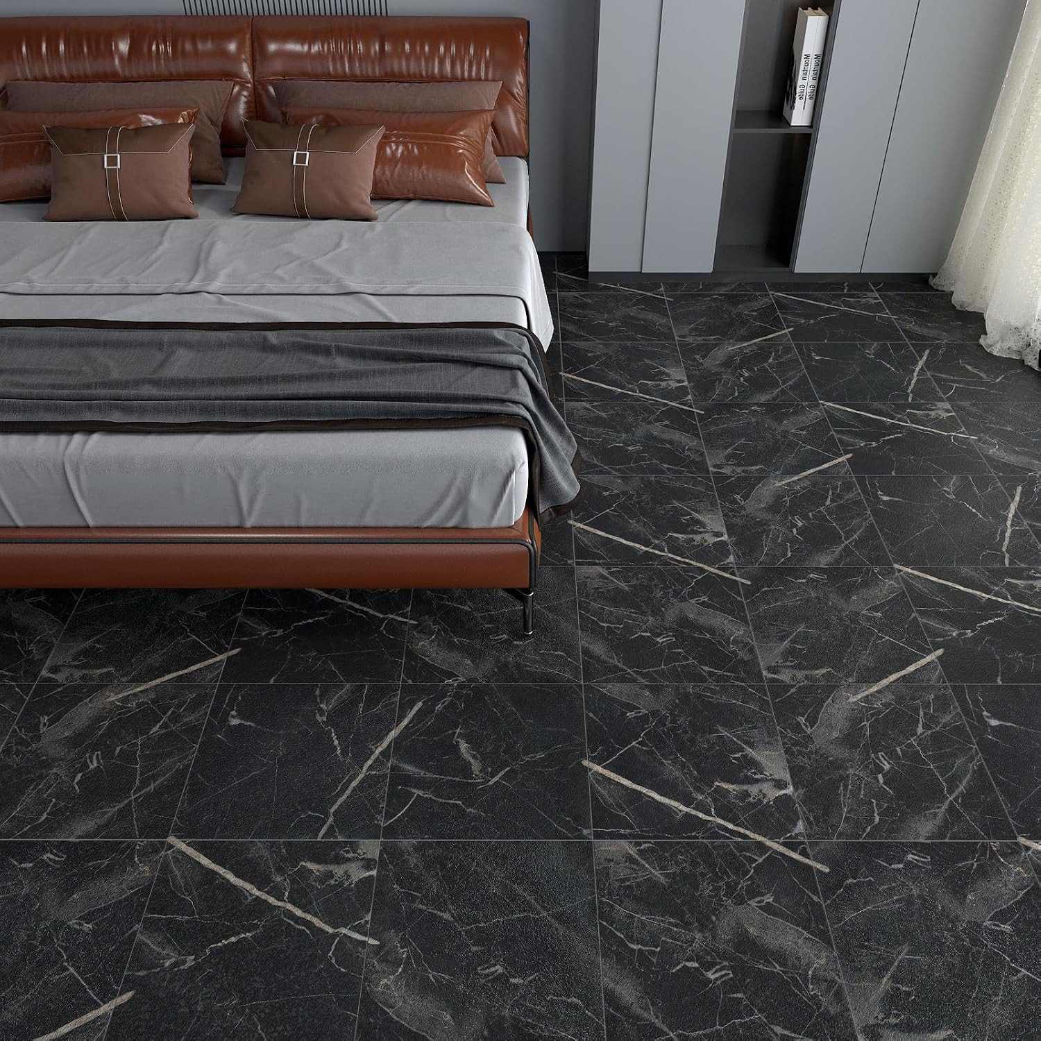 18 Pack Black Marble Peel and Stick Vinyl Floor Tiles 12″x12″ Waterproof