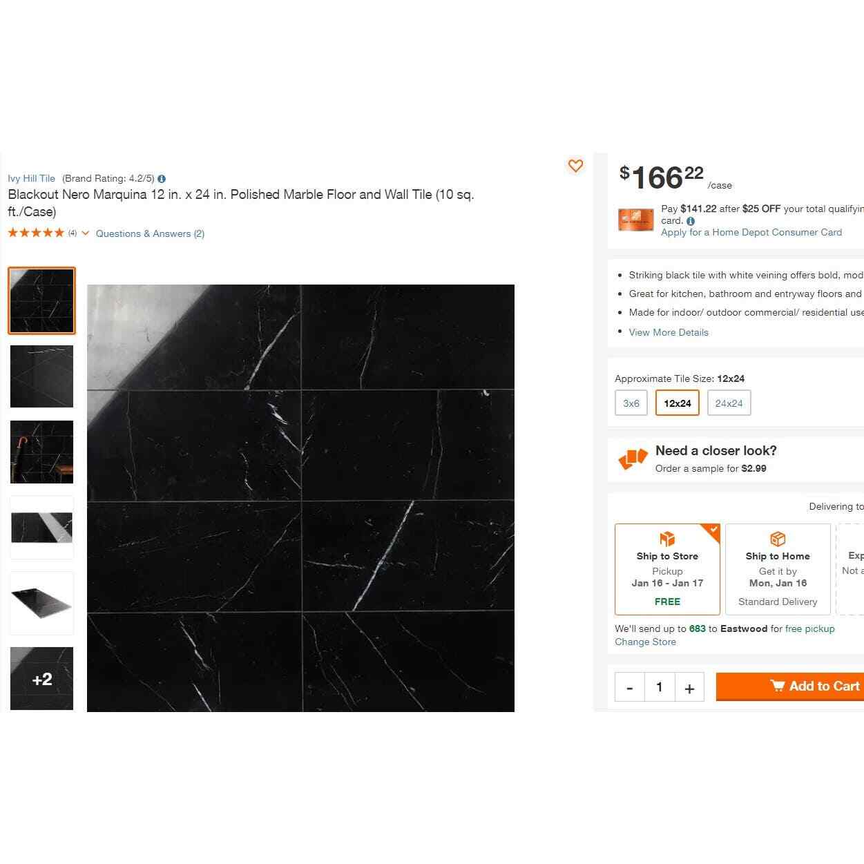 20 Sq Ft Blackout Nero Marquina 12″ x 24″ Polished Marble Floor & Wall Tile LPU