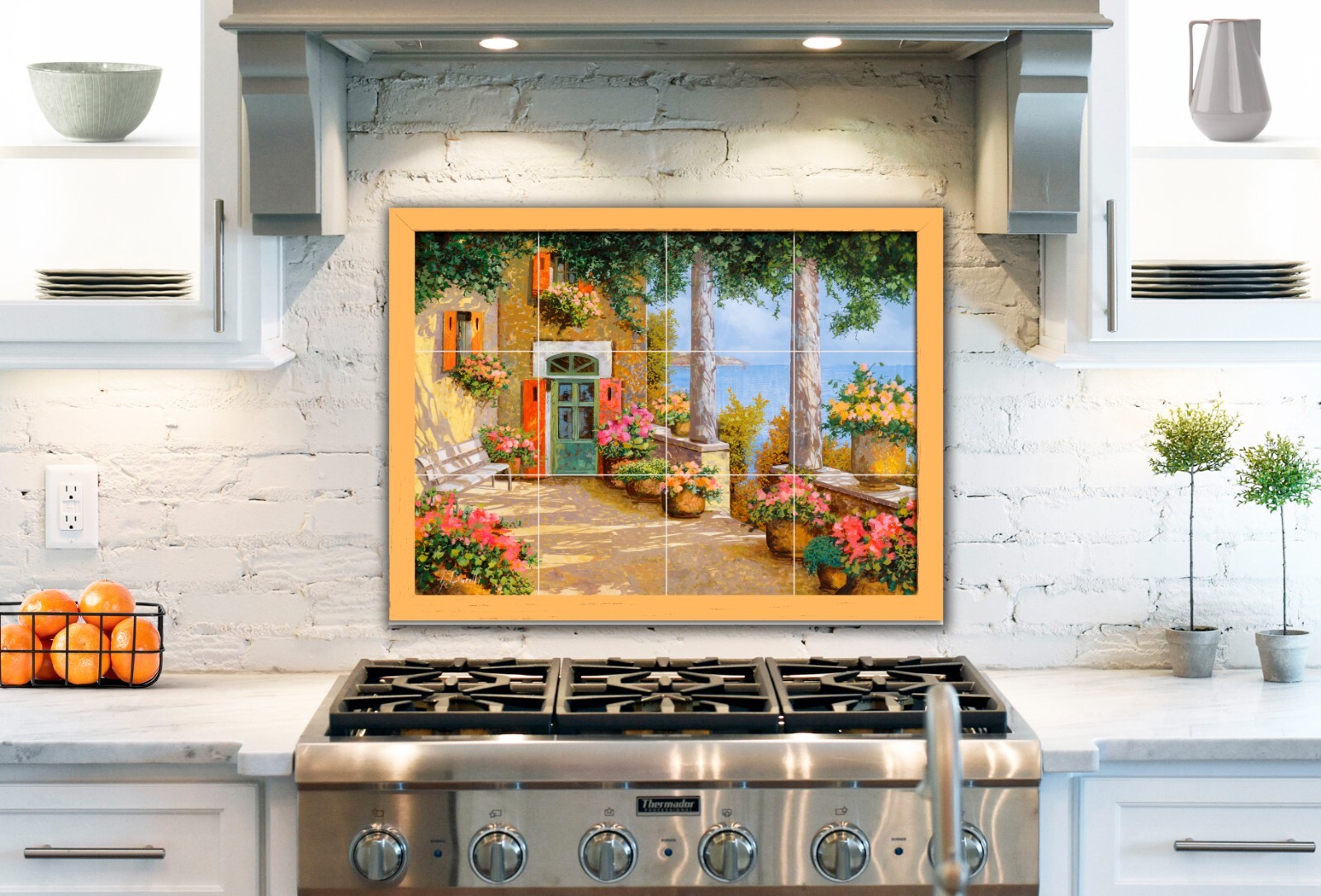 ceramic tile mural backsplash. Mediterranean sea Tuscany villa terrace garden